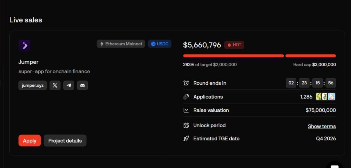 Jessicalevi13's tweet photo. It’s no longer news that the ticker is $JUMP.

@jumperapp has evolved from just swap/bridge to a super-app that brings swaps, bridge, earn, perps, and every asset onchain.
Soon, Jumper will be the home of all onchain activity for every user.

Back to $JUMP;
The token sale opens today on Legion at exactly 1pm UTC.

🔹 Below are the sales terms
- Sales target is $2m
- Hard cap is $3m
- 50% unlocked at TGE while the remaining 50% will be linearly unlocked over 4 months.
- TGE is expected in Q4 2026.

What determines your eligibility and allocation is your:
- XP level
- Rank on the waitlist leaderboard
- Legion score

Make the JUMP
