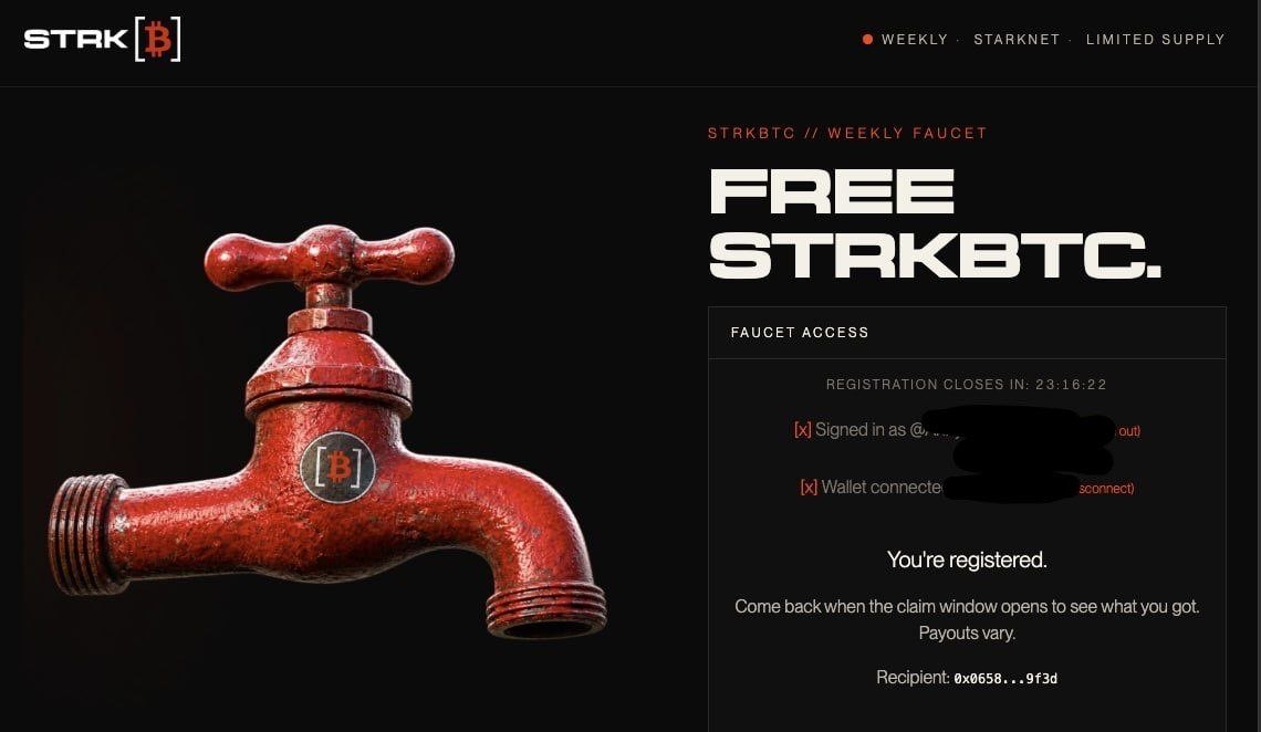 Nafis_4v's tweet photo. Free $5 to $20 BTC Starknet Reward 🪂

If you participated in the Starknet $BTC rewards campaign, make sure you complete the registration again. 👇

🔗 Register Here 👇
https://t.co/ALFW9blpuH

→ Sign in
→ Connect your Starknet wallet
→ Register for the faucet
→ Claim your free strkBTC if eligible

Important:
Potential value: $5–$20 BTC
Registration closing soon 

If you already registered, double-check your status and make sure everything is completed.

Are you ready to claim your BTC? 👇
