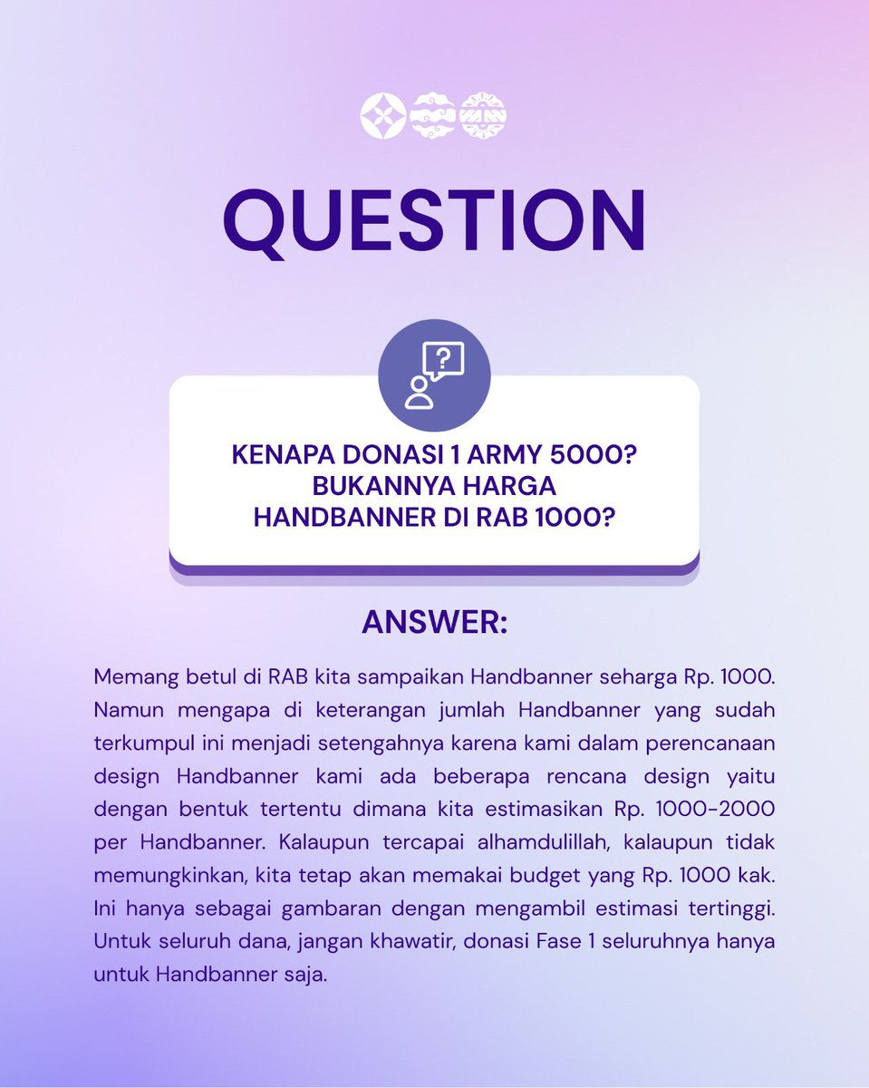 ArirangJakarta's tweet photo. [UPDATE DONASI — Arirang Jakarta Project] 

Halo ARMY! 💜
Berikut laporan Donasi yang sudah masuk untuk Arirang Jakarta Project per tanggal 28 September 2026. Dalam 10 hari Donasi, dari 𝟴.𝟬𝟬𝟬 𝗛𝗮𝗻𝗱𝗯𝗮𝗻𝗻𝗲𝗿 sekarang menjadi kurang lebih mencapai 𝟮𝟬.𝟬𝟬𝟬 𝗛𝗮𝗻𝗱𝗯𝗮𝗻𝗻𝗲𝗿 😭❤️‍🔥 

Wow luar biasa! Terima kasih banyak ARMY untuk supportnya. Semoga semangat kita untuk menyambut kehadiran BTS di Jakarta semakin membara. Saat ini sudah terkumpul kurang lebih 𝟮𝟬.𝟬𝟬𝟬 𝗛𝗮𝗻𝗱𝗯𝗮𝗻𝗻𝗲𝗿 dari 𝟵𝟬.𝟬𝟬𝟬 𝗛𝗮𝗻𝗱𝗯𝗮𝗻𝗻𝗲𝗿 𝗽𝗲𝗿𝗵𝗮𝗿𝗶. Total 𝟮𝟳𝟬.𝟬𝟬𝟬 𝗛𝗮𝗻𝗱𝗯𝗮𝗻𝗻𝗲𝗿 yang akan dibagikan selama 3 hari konser. 

Mari wujudkan Project bersama ini! Capai target Donasi dengan Campaign 𝟭 𝗔𝗥𝗠𝗬 = 𝗥𝗽. 𝟱𝟬𝟬𝟬 dan bantu share Project ini untuk menjangkau lebih banyak ARMY 🥺💜

🔗 Link Donasi Fase 1: https://t.co/H434n6na8W
🌐 Website Arirang Jakarta: https://t.co/2QSQuzenl6