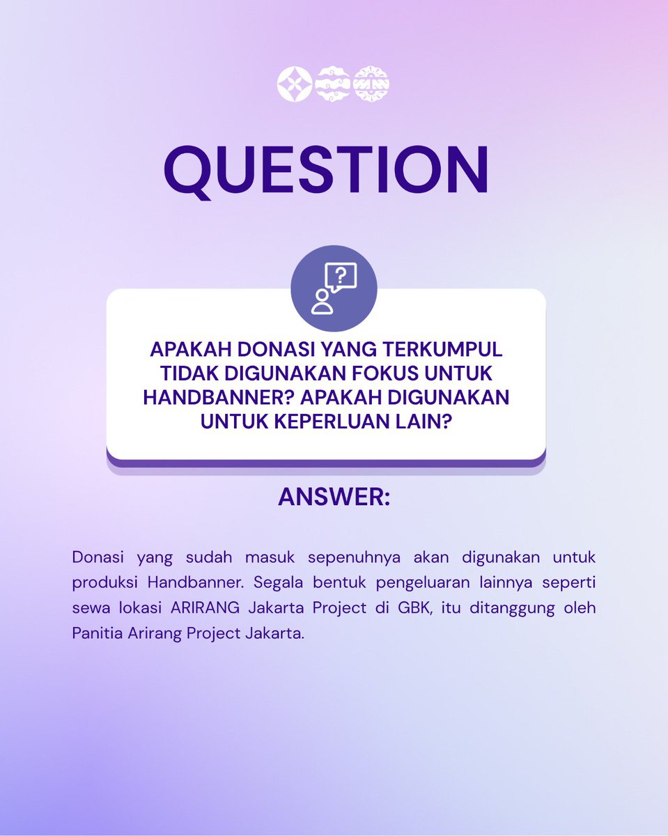 ArirangJakarta's tweet photo. [UPDATE DONASI — Arirang Jakarta Project] 

Halo ARMY! 💜
Berikut laporan Donasi yang sudah masuk untuk Arirang Jakarta Project per tanggal 28 September 2026. Dalam 10 hari Donasi, dari 𝟴.𝟬𝟬𝟬 𝗛𝗮𝗻𝗱𝗯𝗮𝗻𝗻𝗲𝗿 sekarang menjadi kurang lebih mencapai 𝟮𝟬.𝟬𝟬𝟬 𝗛𝗮𝗻𝗱𝗯𝗮𝗻𝗻𝗲𝗿 😭❤️‍🔥 

Wow luar biasa! Terima kasih banyak ARMY untuk supportnya. Semoga semangat kita untuk menyambut kehadiran BTS di Jakarta semakin membara. Saat ini sudah terkumpul kurang lebih 𝟮𝟬.𝟬𝟬𝟬 𝗛𝗮𝗻𝗱𝗯𝗮𝗻𝗻𝗲𝗿 dari 𝟵𝟬.𝟬𝟬𝟬 𝗛𝗮𝗻𝗱𝗯𝗮𝗻𝗻𝗲𝗿 𝗽𝗲𝗿𝗵𝗮𝗿𝗶. Total 𝟮𝟳𝟬.𝟬𝟬𝟬 𝗛𝗮𝗻𝗱𝗯𝗮𝗻𝗻𝗲𝗿 yang akan dibagikan selama 3 hari konser. 

Mari wujudkan Project bersama ini! Capai target Donasi dengan Campaign 𝟭 𝗔𝗥𝗠𝗬 = 𝗥𝗽. 𝟱𝟬𝟬𝟬 dan bantu share Project ini untuk menjangkau lebih banyak ARMY 🥺💜

🔗 Link Donasi Fase 1: https://t.co/H434n6na8W
🌐 Website Arirang Jakarta: https://t.co/2QSQuzenl6