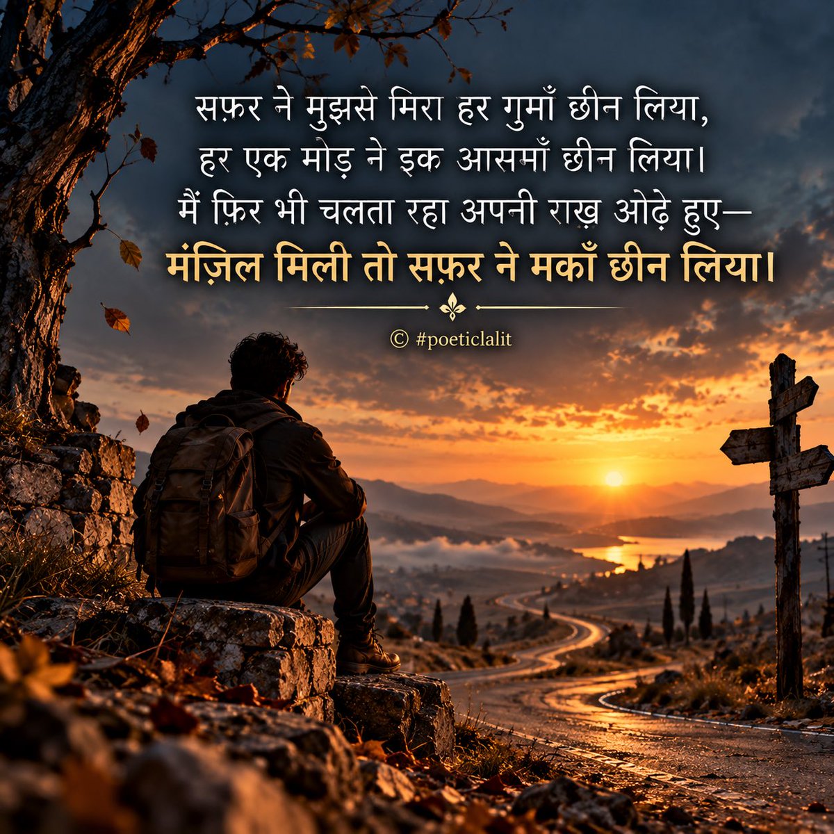 lalitsarswat's tweet photo. सफ़र ने मुझसे मिरा हर गुमाँ छीन लिया,
हर एक मोड़ ने इक आसमाँ छीन लिया।
मैं फिर भी चलता रहा अपनी राख़ ओढ़े हुए—
मंज़िल मिली तो सफ़र ने मकाँ छीन लिया।

© #poeticlalit #dil_ki_baatein_dil_se__ https://t.co/NMGTfyEnuB