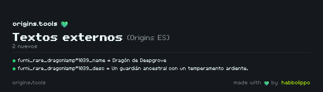 originstools's tweet photo. ¡Cambios en los textos de Habbo Origins ES!

🟢 2 nuevos

#HabboOriginsES 💚 https://t.co/k4mB38pvOM