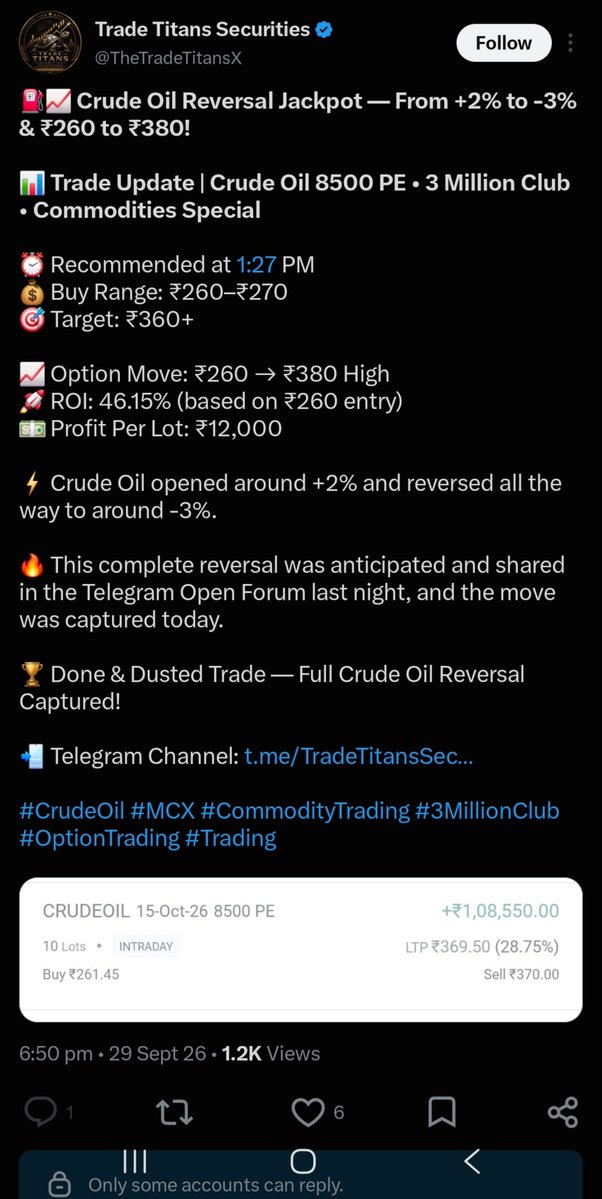 RohanChava23405's tweet photo. Trade Titans Securities has once again shared a screenshot raising serious authenticity concerns. The ₹261.45 buying price appears inconsistent with the ₹0.10 tick-size increments of crude oil options. Such discrepancies raise questions about these alleged intraday profits. https://t.co/NpadnsnJvM