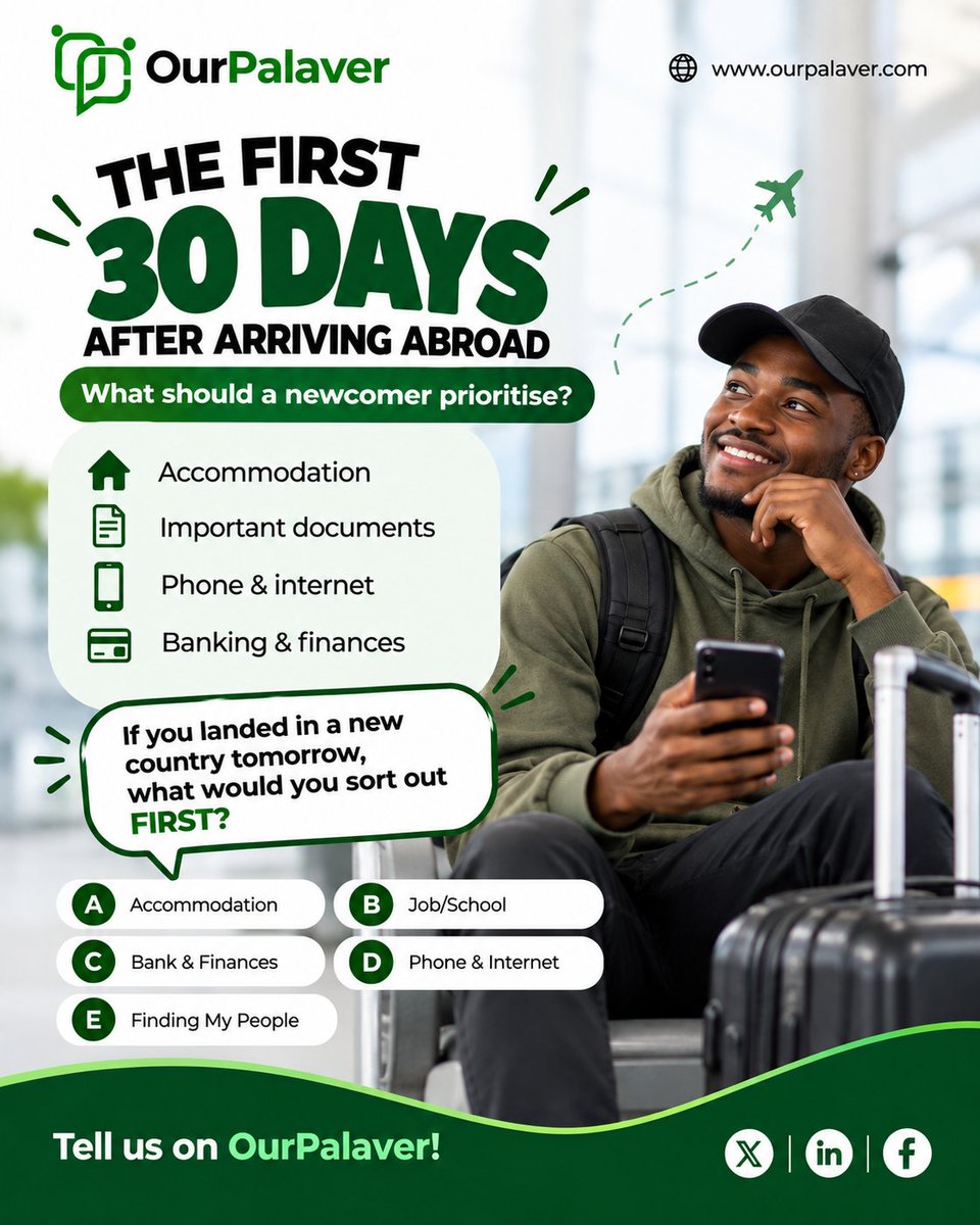 ourPalaver's tweet photo. The first 30 days can come with a lot of excitement, questions, and adjustments. From finding accommodation and sorting your documents to setting up your finances, getting connected, and finding your people, the little things matter.

If you landed in a new country tomorrow, what would you sort out first?

A. Accommodation
B. Job/School
C. Bank & Finances
D. Phone & Internet
E. Finding My People

Tell us your choice and why on https://t.co/B9dTtxzUXs

#OurPalaver #MovingAbroad