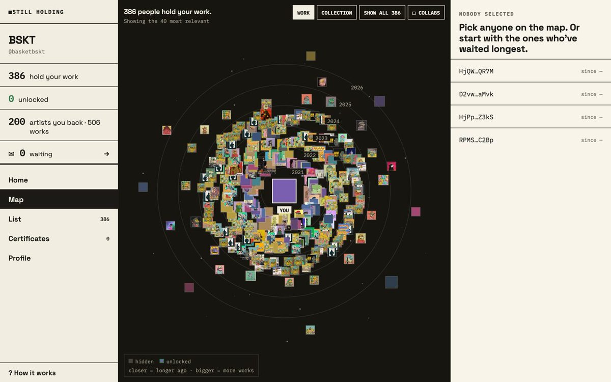 basketbskt's tweet photo. This week's project for @bskts26weeks is Still Holding.

A small tool for artists and collectors on Solana: paste your wallet and it finds everyone you're connected to through a work that's still being held. https://t.co/LYuSAg7scB