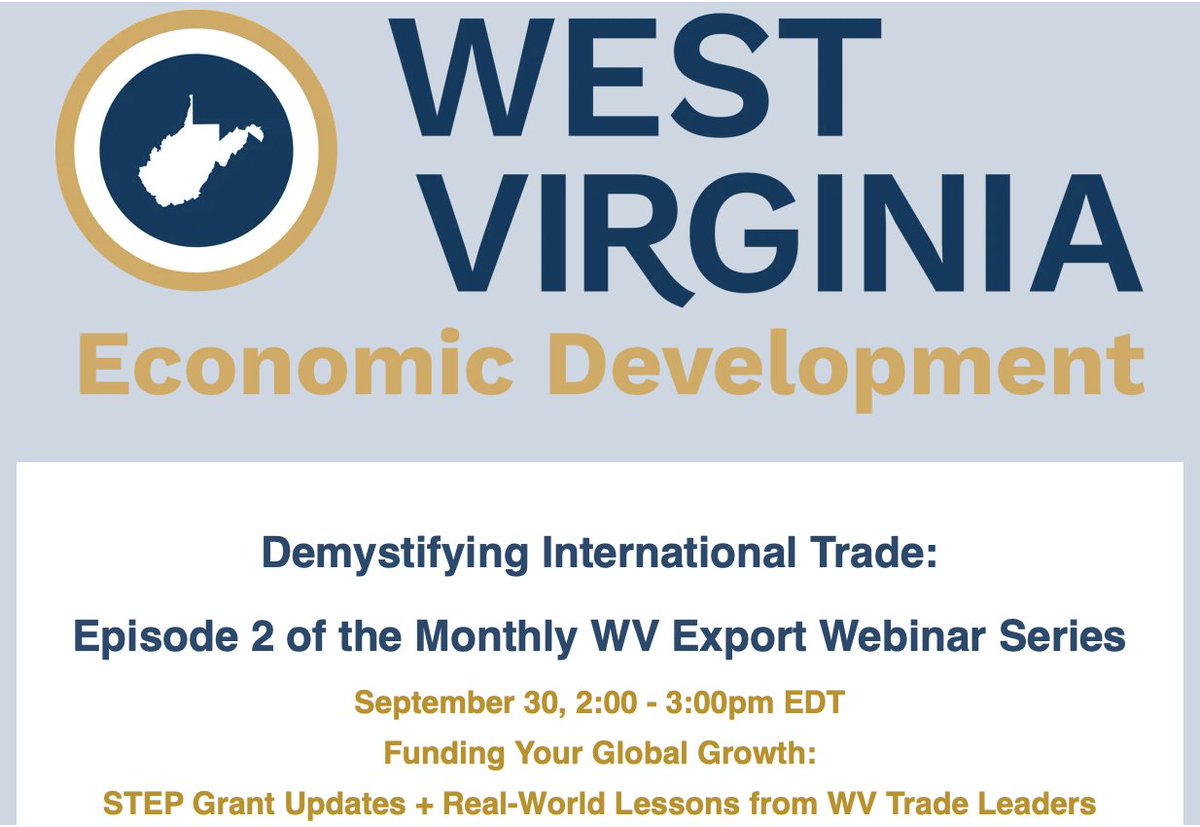 AdvntageValley's tweet photo. Advantage Valley recommends tomorrow’s WV Division of Economic Development webinar for businesses exploring exports. Hear from WV exporters about choosing markets and finding partners, plus early STEP Grant updates. 

Register: https://t.co/fsBSIuKCmw

#yesWV #internationaltrade https://t.co/9rRLpzqLLZ