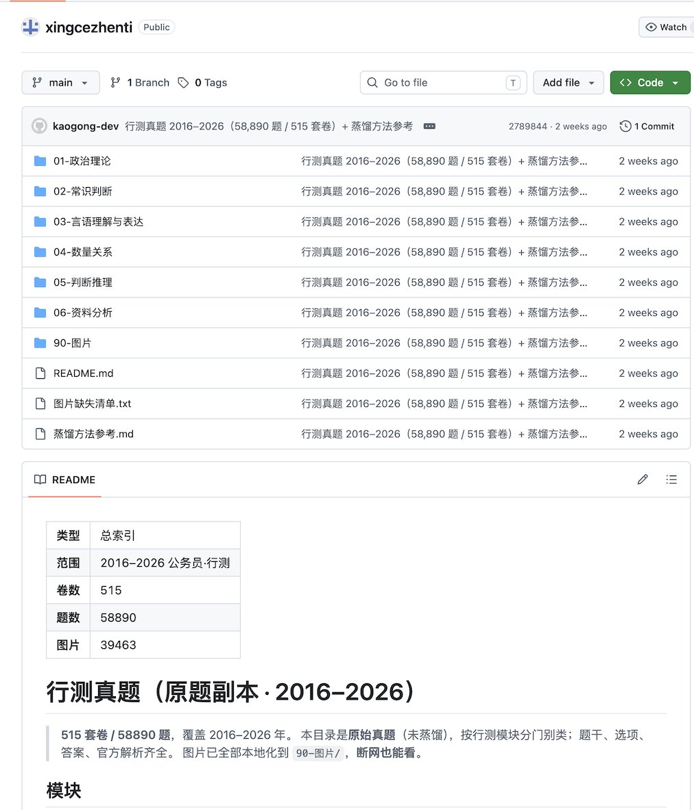 knowledgefxg's tweet photo. 一个整理中国公务员考试行测真题的开源仓库

覆盖 2016 到 2026 年的国考和省考，题库很大：515 套卷、近 6 万题，量大管饱，包括政治理论、常识判断、言语理解与表达、数量关系、判断推理和资料分析，可以用 Obsidian 打开，也可以使用 VS Code 的预览模式阅读。
https://t.co/ht9X3JVJGL https://t.co/rHm71jG0Oz