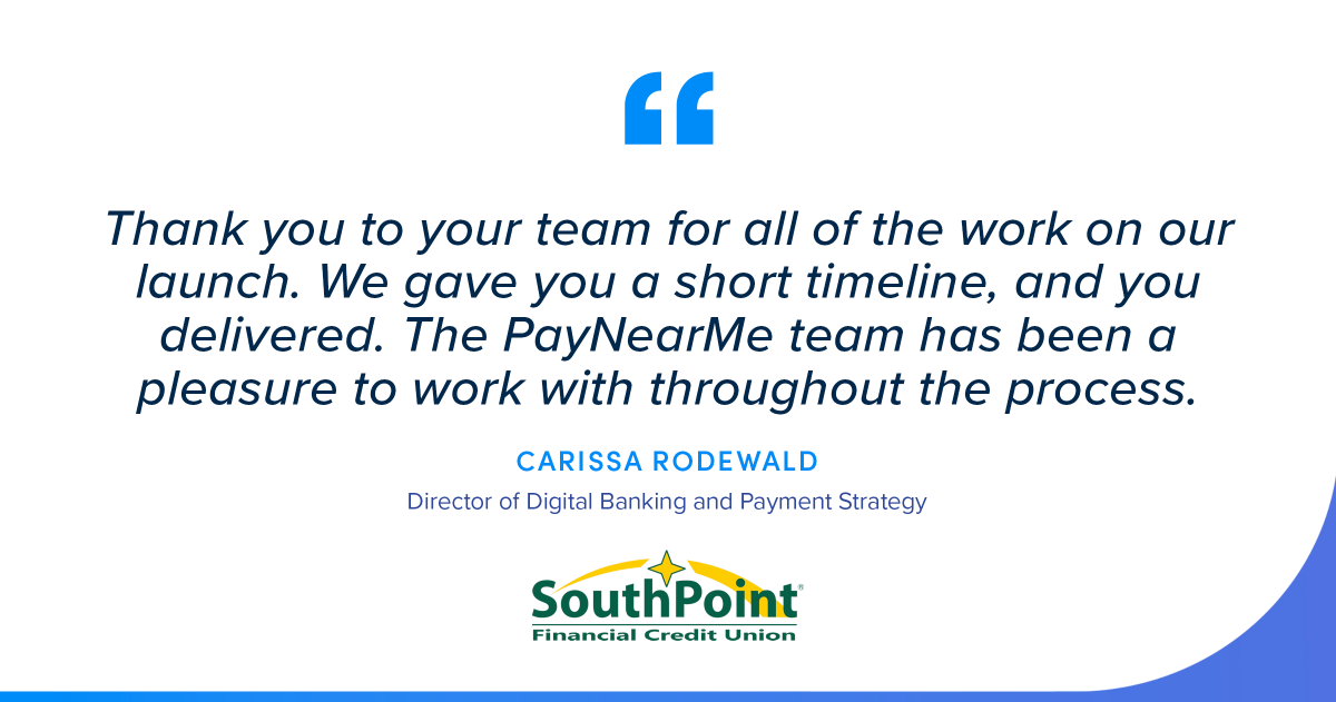 PayNearMe's tweet photo. Great partnerships shine when the launch is seamless. ✨

We’re proud to have helped SouthPoint Financial Credit Union bring its new payment experience to life!

#testimonialtuesdays #creditunions #paymentexperience https://t.co/rILvazwwG2