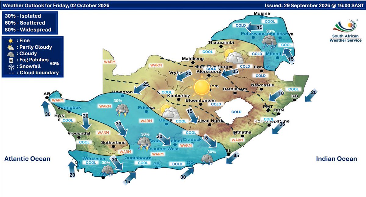 SAWeatherServic's tweet photo. Weather outlook for Thursday &amp; Friday: 01 - 02 October 2026. Partly cloudy &amp; cool conditions are expected,  with Isolated showers &amp; thundershowers possible over the eastern &amp; western parts of the RSA.
#saws #weatheroutlook #southafricanweather https://t.co/ibIiNFObx8
