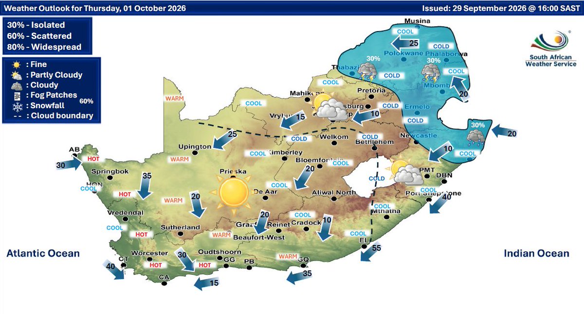 SAWeatherServic's tweet photo. Weather outlook for Thursday &amp; Friday: 01 - 02 October 2026. Partly cloudy &amp; cool conditions are expected,  with Isolated showers &amp; thundershowers possible over the eastern &amp; western parts of the RSA.
#saws #weatheroutlook #southafricanweather https://t.co/ibIiNFObx8