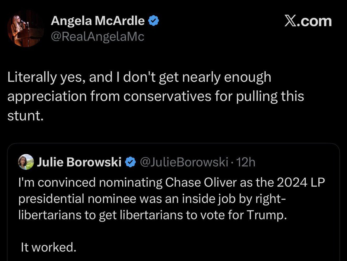 libertydadpod's tweet photo. I hope @JulieBorowski &amp; everyone else sees through this bullshit.

Ample evidence supports Angela usurping Chase after his nomination. But all evidence points to the Mises Caucus earnestly attempting to nominate Rectenwald.

Exiling her is the best move for any political group. https://t.co/LxMlXNxB2o