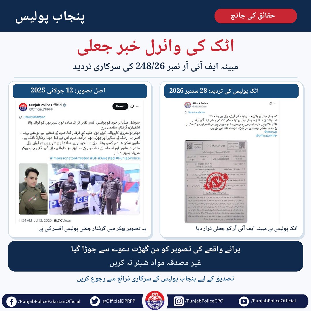 OfficialDPRPP's tweet photo. جعلی خبر سے ہوشیار!
اٹک سے متعلق وائرل ہونے والی پوسٹ اور ایف آئی آر جعلی ہے۔ جولائی 2025 میں بھکر سے گرفتار ہونے والے شخص کا پنجاب پولیس سے کوئی تعلق نہیں تھا بلکہ وہ ایک جعلی ایس پی تھا۔ بغير تصديق ایسی پرانی تصاویر اور گمراہ کن پوسٹس کو آگے نہ پھیلائیں۔   #FakeNewsAlert #PunjabPolice #FactCheck #AttockNews #FakeSP #BhakkarPolice