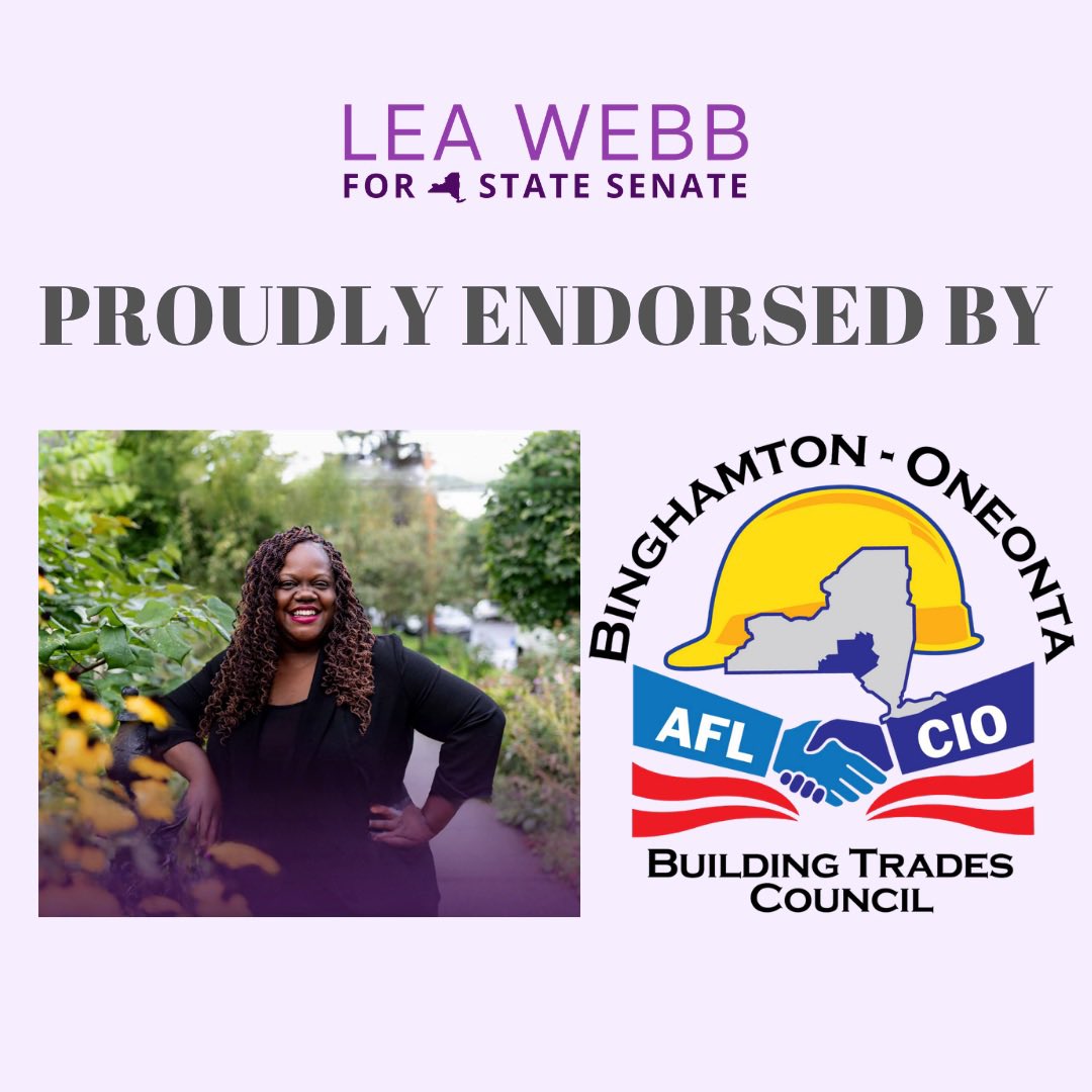leawebbforny's tweet photo. I’m proud to have the endorsement of the Binghamton-Oneonta Building &amp; Construction Trades Council!

I look forward to continuing our work together to make sure working people have a strong voice in Albany. https://t.co/PDHPiSj9Qw