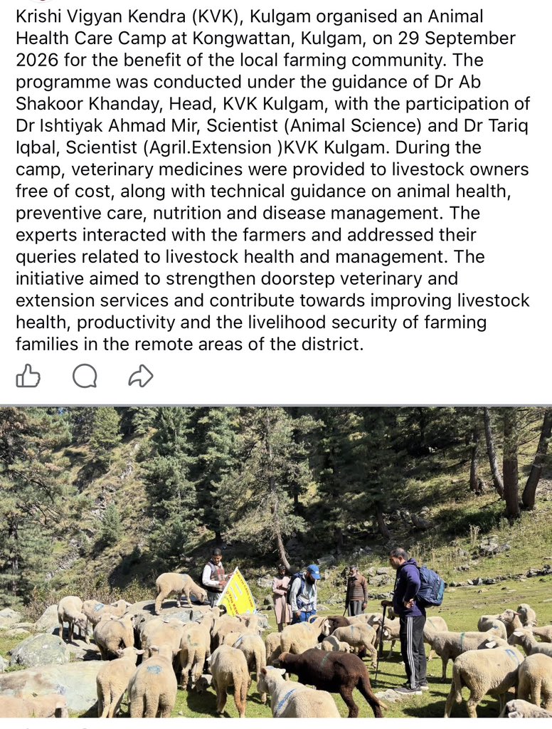 kvkkulgam's tweet photo. Krishi Vigyan Kendra (KVK), Kulgam organised an Animal Health Care Camp at Kongwattan, Kulgam, on 29 September 2026 for the benefit of the local farming community. https://t.co/MAcYF5Bcda