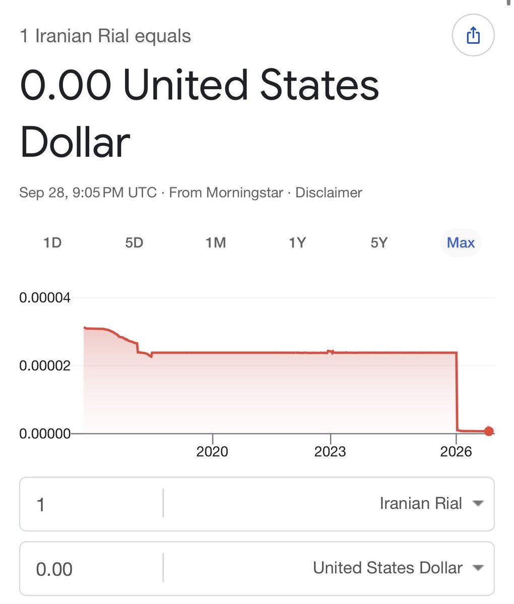 WatcherGuru's tweet photo. JUST IN: 🇮🇷 Iran's currency collapses to a new all-time low. 

The rial is effectively worthless against the US dollar. https://t.co/KfEktS8Wib