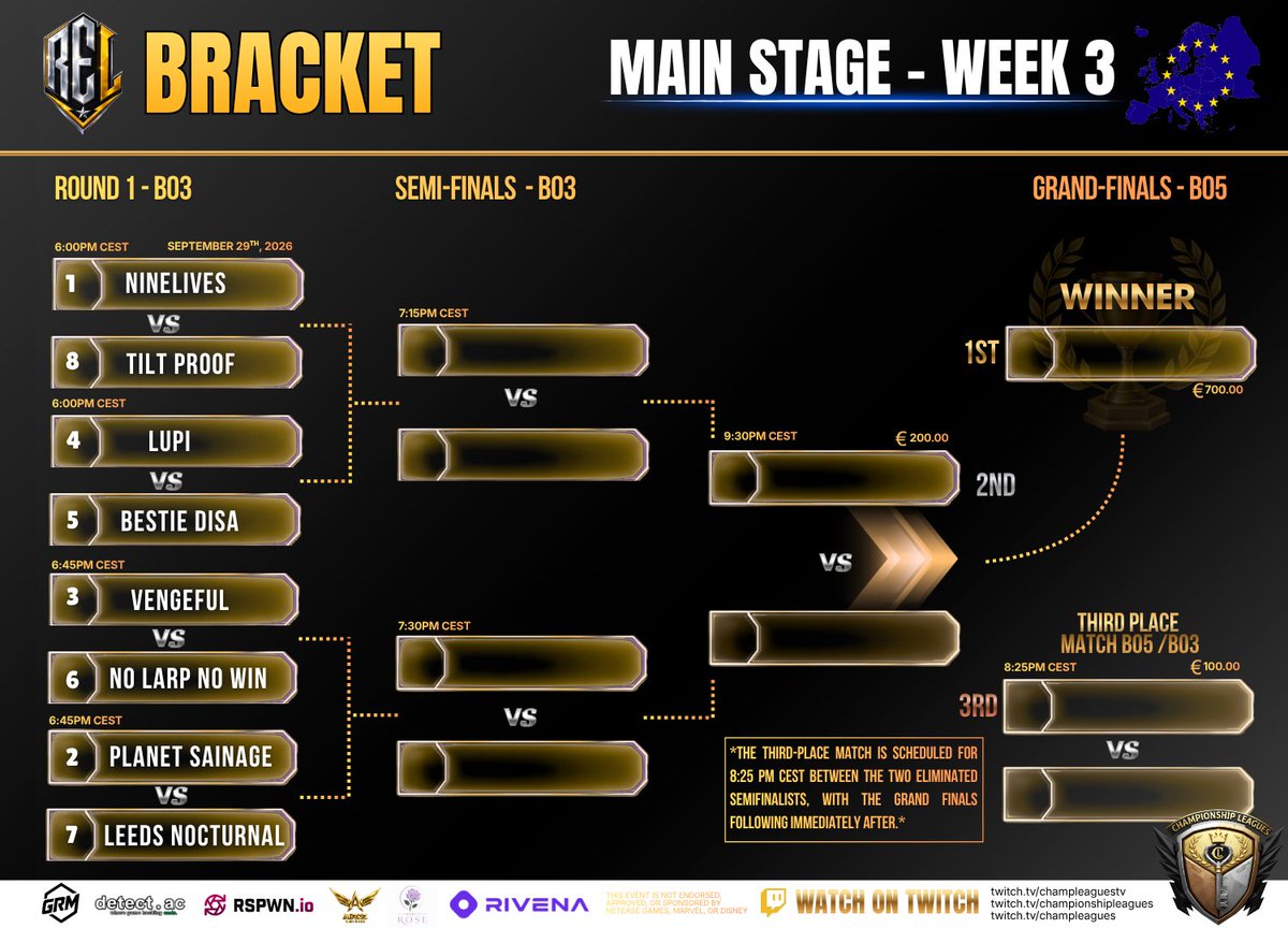 Rivals_Comp's tweet photo. 🏆 🇪🇺 RIVALS EUROPE LEAGUE (REL) MAIN STAGE IS HERE!!! 🏆

After weeks of fierce competition, the Rivals Europe League Season 1 Main Stage has arrived!

📅 September 29th, 2026
🕕 Starts at 6:00 PM CEST

Tonight, we will crown the first ever Rivals Europe League Champions and make CL history. 👑

🎙 Talent Team
• Hosts: @profetro @gazmag04 
• Casters: @Spartan_Tano @RedLuna04 @TheHolyMonke_ @bassline04 
• Caster/Producer: @bassline04 @Sisirius_X 

🎬 Production Team
• Lead Organizer: @prajwal_0908 
• Director: @XI_KiSS_J 
• Lead Admin: Aven

📺 Watch Live on Twitch:
https://t.co/x3YGP2IgXJ
https://t.co/s5J12duZ9X

📊 Follow the Bracket Live:
https://t.co/whuAdmITDc

🔥 One final battle.
🔥 One champion.
🔥 One name etched into REL history.
Who will become the inaugural REL Champion?

#RivalsEuropeLeague #REL #MarvelRivals #Ignite #ProEsports #Twitch #LiquidpediaNet #ChampLeagues #Esports #MarvelRivalsEsports #EuropeEsports #MarvelRivalsCompetitive #EsportsTournament