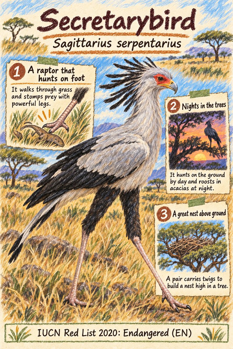 Ryukkeai's tweet photo. A bird of prey that hunts on foot, striking with its long legs.
Secretarybird
Sagittarius serpentarius

IUCN Red List 2020: Endangered (EN)

#Secretarybird https://t.co/B0wZKdld4w