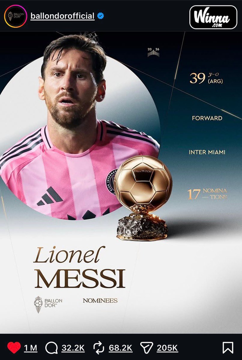 WinnaFC's tweet photo. 🚨| BALLON D'OR UPDATE:Among all the Ballon d’Or nominees, only Messi’s post has crossed 1 million likes on Instagram.🤩

🌍 The world wants Messi to lift another Ballon d’Or.🐐