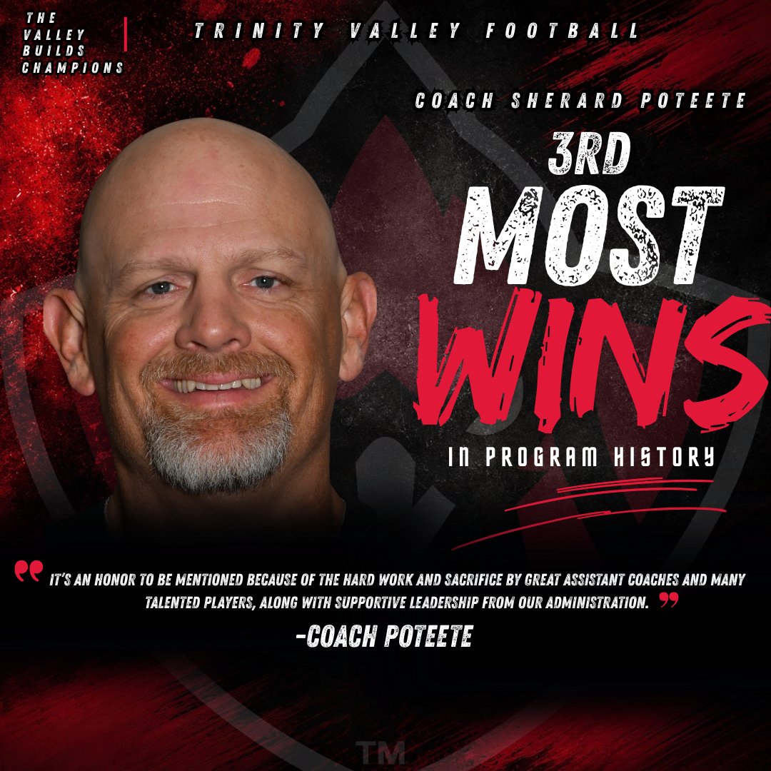 TVCCsports's tweet photo. COACH PO IS CLIMBING THE RECORD BOOK! 📖

After last Saturday's win against Navarro, Head Football Coach Sherard Poteete moved up to third place on TVCC Football's all-time coaching wins list officially surpassing Carl Andress. ❤️

YEAHHH COACH! 🔥 https://t.co/Tjdp67bVLt