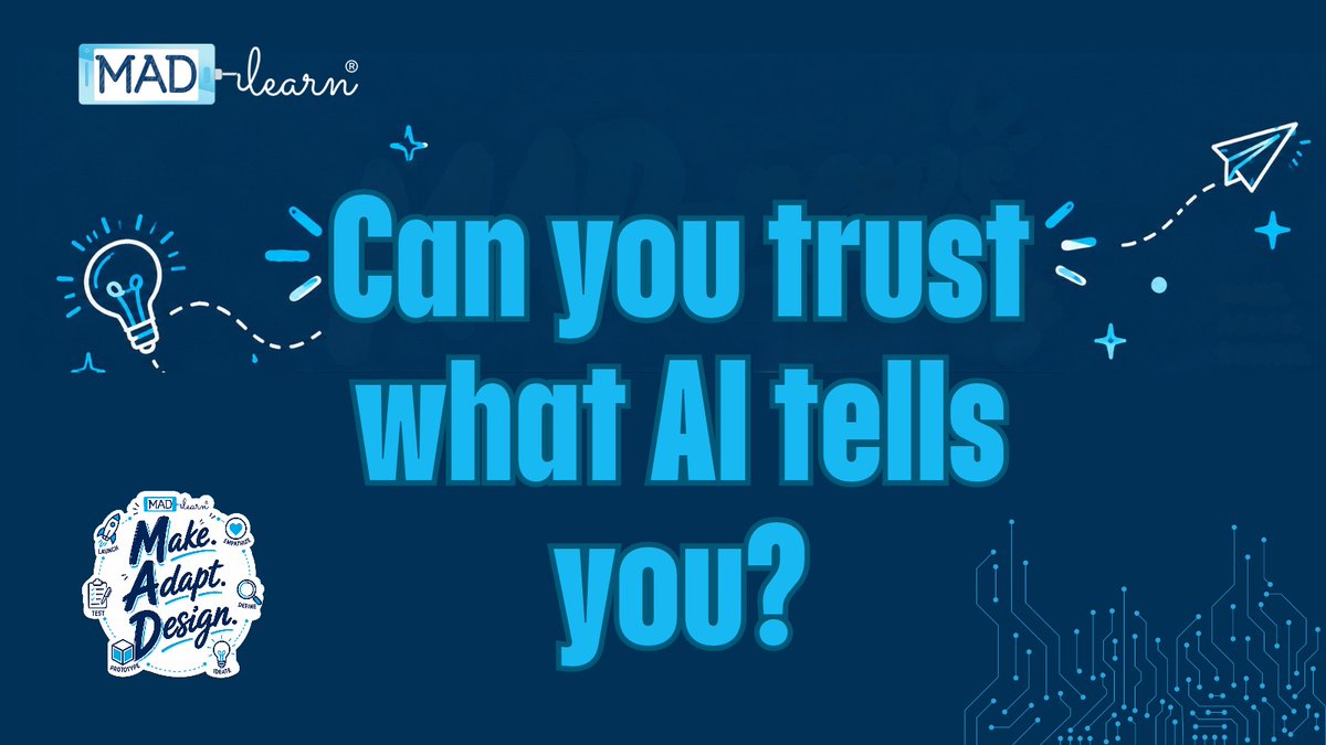 MADLearn's tweet photo. AI literacy isn’t just about knowing how to use AI. It’s knowing when to question it.

How do we help students recognize reliable information when AI can sound completely believable?

Critical thinking matters more than ever.

#DesignThinking #Teachers #Educators https://t.co/gWQXZQNvvm