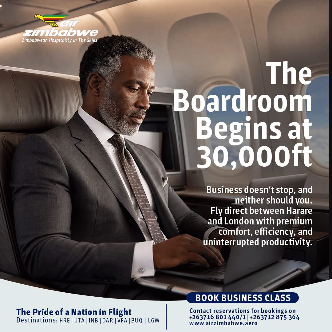 ZiFMStereo's tweet photo. Business takes off at 30,000ft. ✈️
Fly Harare to London in comfort, style and uninterrupted productivity with Air Zimbabwe Business Class. https://t.co/pEOYbauGQo