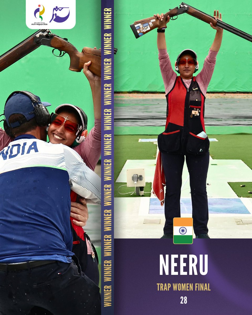 issf_official's tweet photo. India's Neeru earns the gold medal win with an incredible performance in the Asian Games Trap Women Final 🥇🇮🇳

#ISSF #ShootingSport #AichiNagoya2026 https://t.co/5RXu2x38Qw