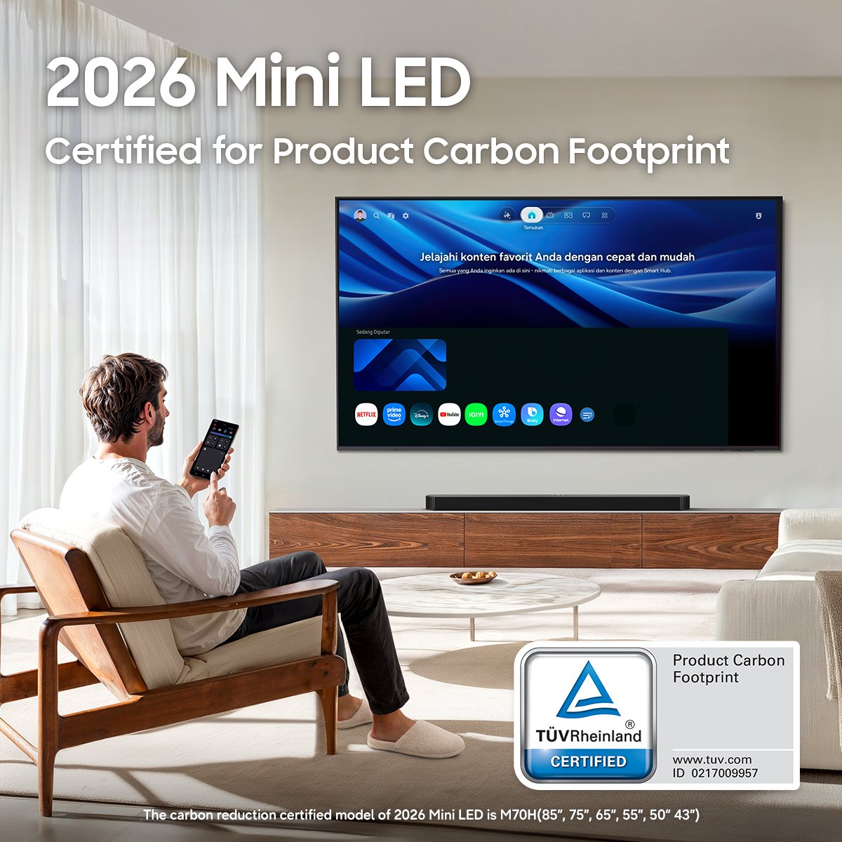 samsungID's tweet photo. We're committed to reducing our environmental impact. 🌏 Samsung 2026 TVs are TÜV Rheinland certified for Product Carbon Reduction, while Micro RGB and Mini LED are recognized for Product Carbon Footprint.

#SamsungTV #SamsungTVID #CarbonReduction #CarbonFootprint #TÜVRheinland https://t.co/qKLhECxJNh