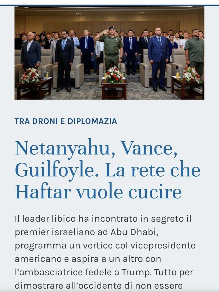 LibyanLover's tweet photo. بين الطائرات المسيّرة والدبلوماسية

نتنياهو، فانس، غيلفويل. الشبكة التي يسعى حفتر إلى نسجها

التقى الزعيم الليبي سرًا برئيس الوزراء الإسرائيلي في أبو ظبي، ويخطط لعقد قمة مع نائب الرئيس الأمريكي، ويأمل في عقد قمة أخرى مع السفير الموالي لترامب. كل ذلك ليُظهر للغرب أنه ليس ارهابي. https://t.co/nQHEOPxGPi