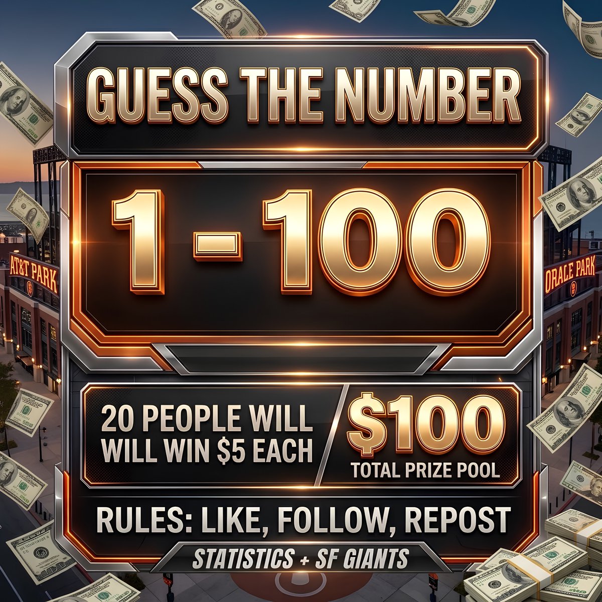 SFGiants2026's tweet photo. Pick a number from 1 to 100.  There will be 20 winning numbers.  The first person to choose a winning number gets $5.  I will announce the winners once all 20 numbers are chosen.

Like 🩷
Follow 👈
Repost 🔁 https://t.co/6XxgFsM90W