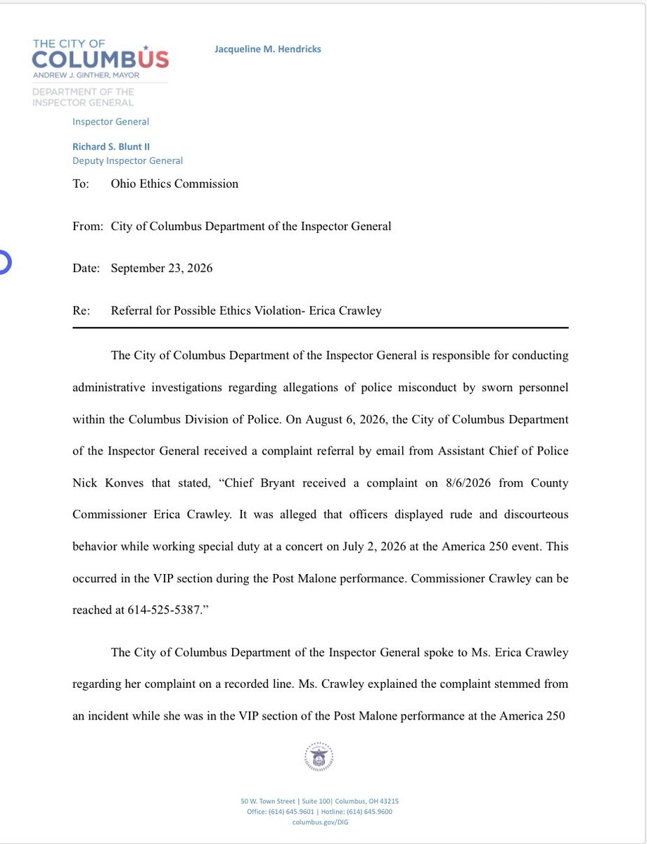 cbustruth's tweet photo. Folks. 

@CommishCrawley @EricaCCrawley has been referred to @OHEthics by the Columbus Department of Inspector General…..

The punishment possibilities on conviction of violating Ohio’s Ethics law includes six months in jail and a ban from public service. 

A watershed moment made possible by the intrepid reporting of @LaceyCrisp 

More to come later today (I’m vacationing and will be offline until early evening) but there is much more to come on all of this. Crawley literally admits to the crime on audio with the @digcolumbusgov1…..