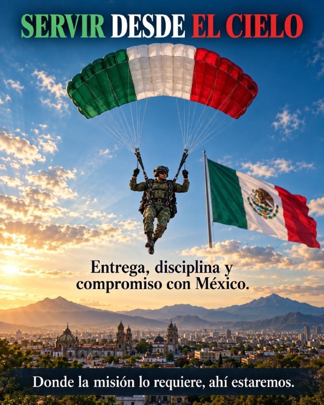 GnMexa's tweet photo. 🪂 Disciplina en tierra, valor en el aire y orgullo por México. 🇲🇽
¡Honor a los Paracaidistas Militares!
#DíaDelParacaidista #OrgulloDeMéxico #EjércitoMexicano #HéroesTricolor https://t.co/Vj1TOdrrHC