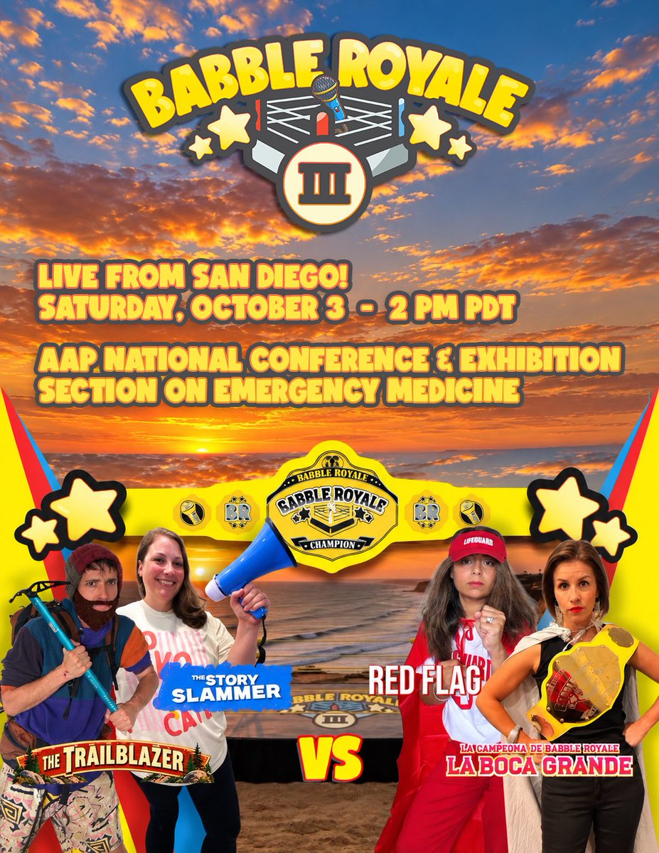 DennisRenMD's tweet photo. THE LINEUP IS SET!
Three challengers. One defending champion.
🥊 Stewart vs. Khan vs. Devlin vs. Portillo
Who will claim the Babble Royale III championship belt in San Diego?
The audience decides! 🏆
#BabbleRoyale #AAP2026 @PEMTweets @tarhealer https://t.co/JSI5SfNxQA