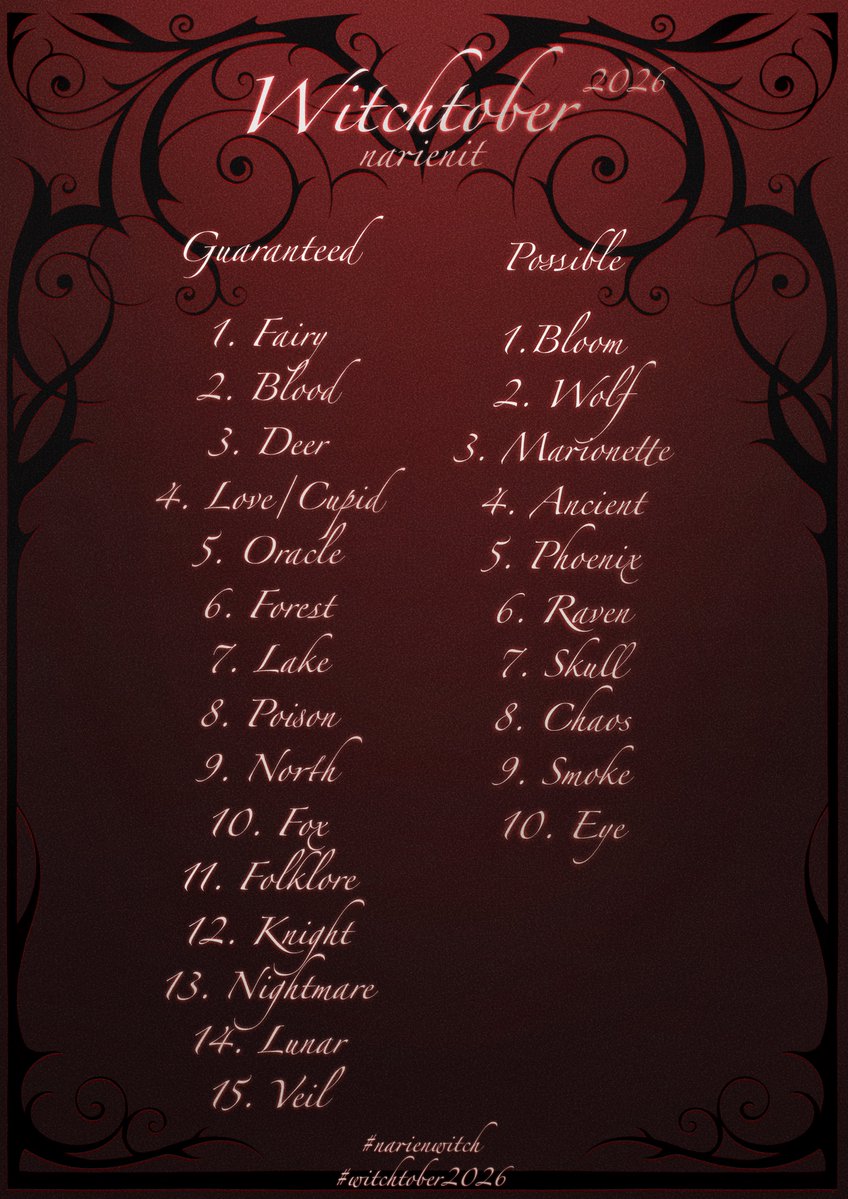 narienit's tweet photo. π₯Itβs witching season!π₯
Here is this year's Witchtober list. You can find all the designs under the tags: #narienwitch and #witchtober2026 .
They will also be available for purchase on my Discord server: https://t.co/6wBjrQK609 https://t.co/N7b5COt9bC