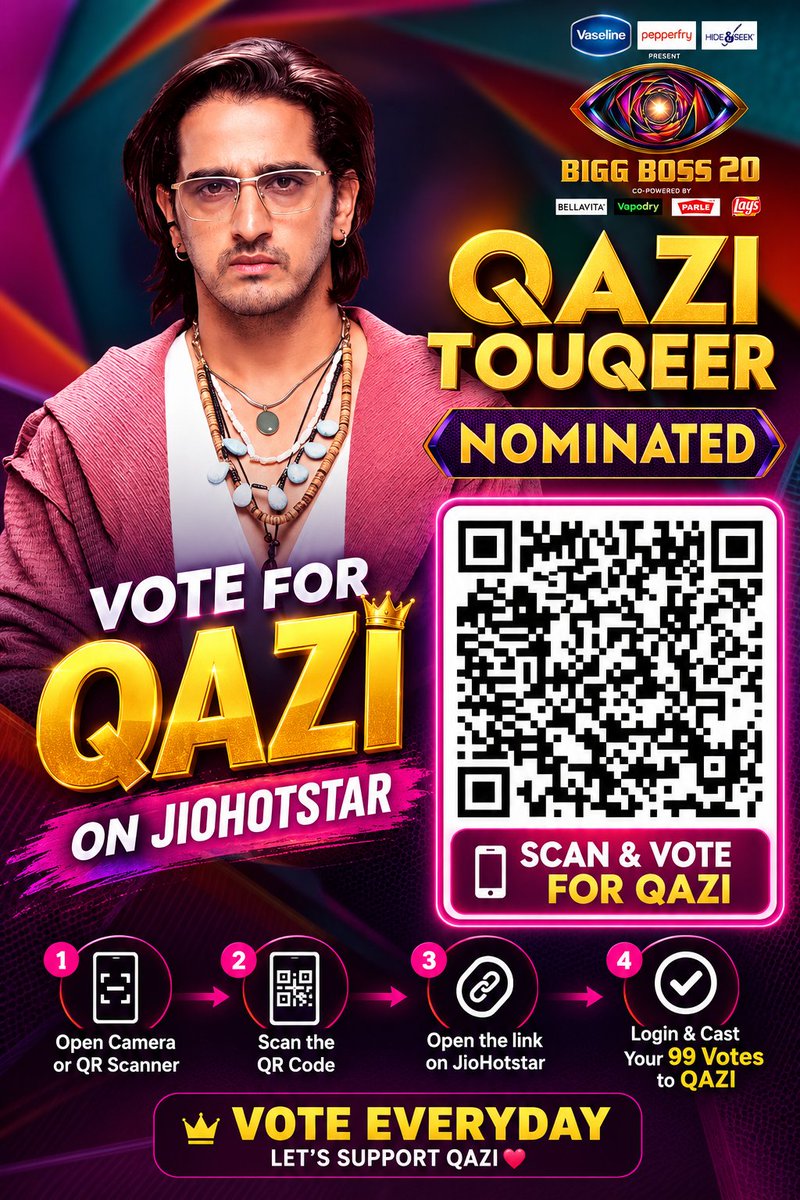 Patelsahab3zn's tweet photo. 🚨 HOW TO VOTE FOR QAZI TOUQ EER VIA QR CODE 🚨
Want to support Qazi Touqeer? ❤️ Follow these simple steps:
1️⃣ SCAN THE QR CODE
📱 Open your phone camera/Google Lens and scan the QR code above.
2️⃣ OPEN THE JIOHOTSTAR LINK
🔗 Tap the link that appears and open it in JioHotstar.
3️⃣ LOGIN
👤 Log in to your JioHotstar account if required.
4️⃣ SELECT QAZI TOUQEER
⭐ Find Qazi Touqeer on the voting page and select him.
5️⃣ CAST YOUR VOTES
🗳️ Follow the on-screen instructions and use your available votes for Qazi.
6️⃣ CONFIRM YOUR VOTE
✅ Make sure the vote is successfully submitted before closing the page.
🔥 Every vote counts. Don't just support Qazi—MAKE YOUR SUPPORT COUNT! ❤️
VOTE FOR QAZI ON JIOHOTSTAR
#QaziTouqeer • #BiggBoss20 • #BB20