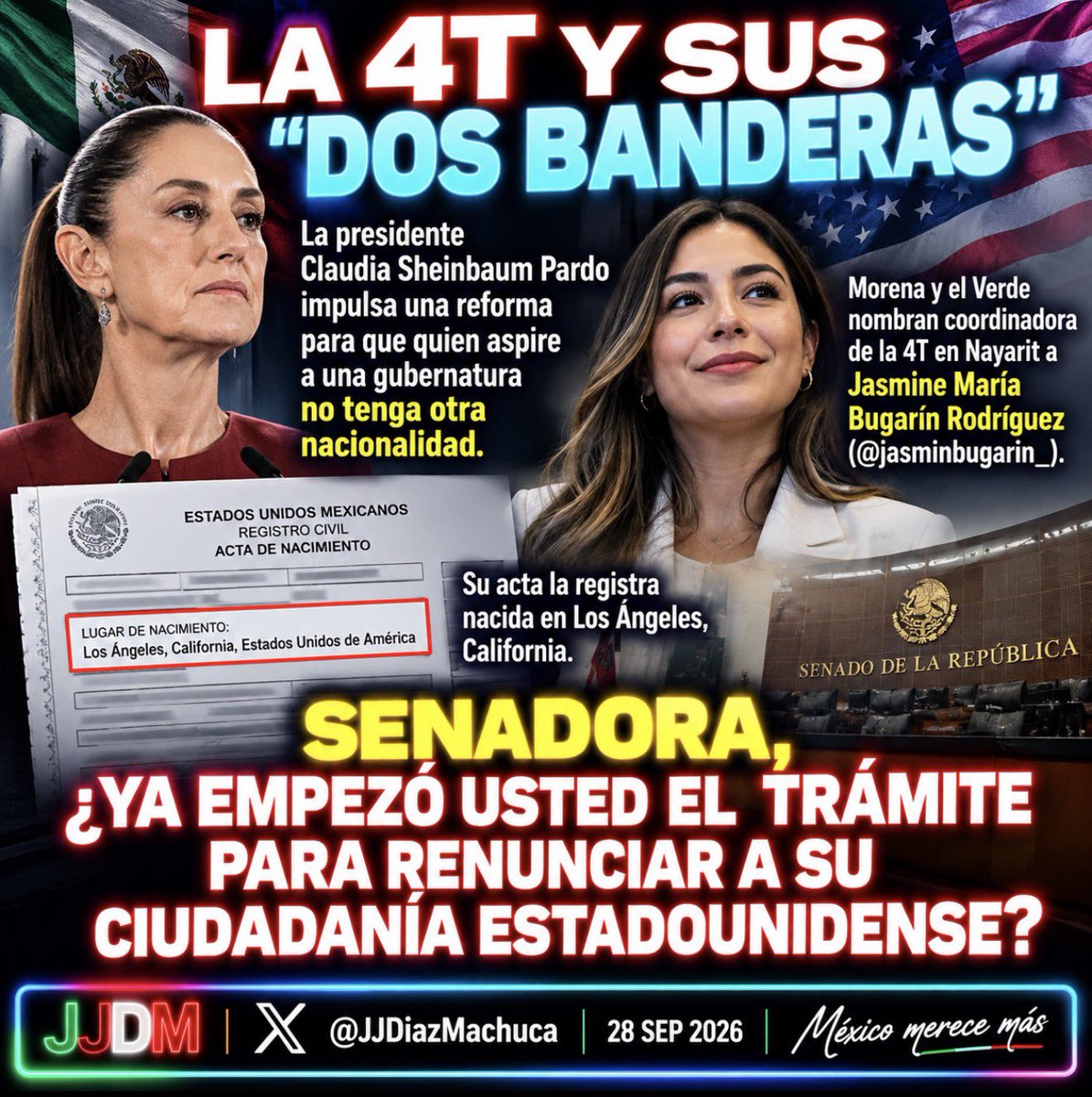 JJDiazMachuca's tweet photo. Buen día 😃 ☕️ 

LA 4T Y SUS “DOS BANDERAS”

La presidente Claudia Sheinbaum Pardo impulsa una reforma para que quien aspire a una gubernatura no tenga otra nacionalidad.

Morena y el Verde nombran coordinadora de la 4T en Nayarit a Jasmine María Bugarín Rodríguez (@JasminBugarin ).

Su acta la registra nacida en Los Ángeles, California.

Senadora, ¿ya empezó usted el trámite para renunciar a su ciudadanía estadounidense?