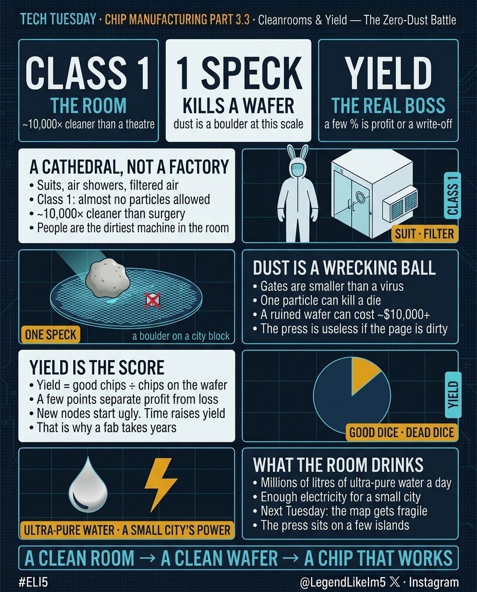 LegendLikeIm5's tweet photo. Post 3 · Cleanrooms &amp; Yield — The Zero-Dust Battle

Class 1: ~10,000× cleaner than surgery. One speck is a boulder. A dead wafer can cost $10k+. Yield is the real boss. Next Tuesday the map gets fragile.
#ELI5 #Cleanroom #TechTuesday https://t.co/VztQMQJS6e
