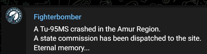 JayinKyiv's tweet photo. Yet another of Russia's dwindling long-range strategic bomber fkeet has bitten the dust.

 A Tu-95MS Bear heavy bomber crashed on takeoff in Amur this evening, reportedly 7 Russians were killed. ;(

Mostly built in the 1960's-70's, it's estimated that Moscow has around 70 total long range strategic bombers remaining.