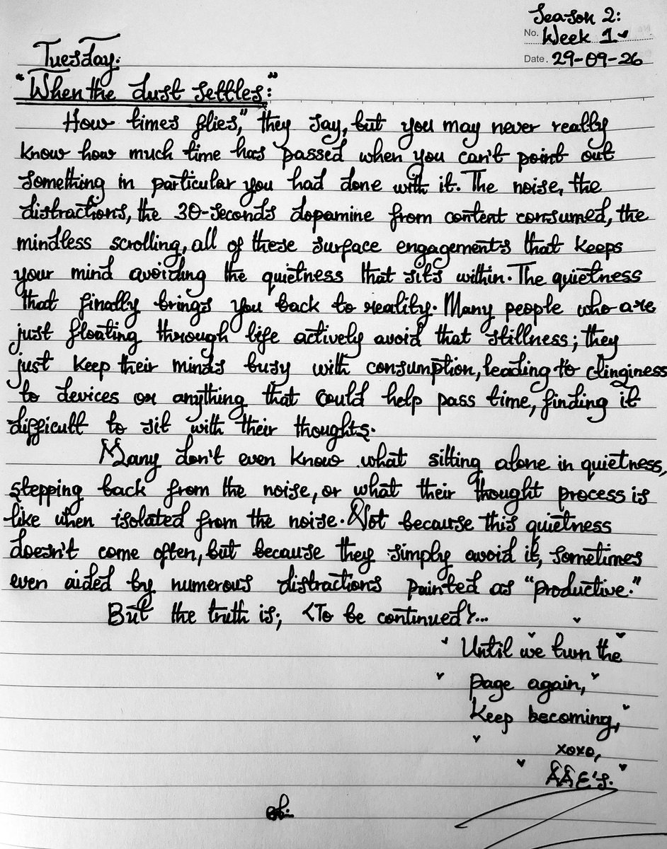 aae_signature's tweet photo. The noise, the distractions, the 30-seconds dopamine from content consumed, the mindless scrolling, all of these surface engagements that keep your mind avoiding the quietness that sits within.✍🏽🖤

#whenthedustsettles #seasontwoweekone #aaesignature #weeklyjournal #weekone https://t.co/rsVCgVM7Sm