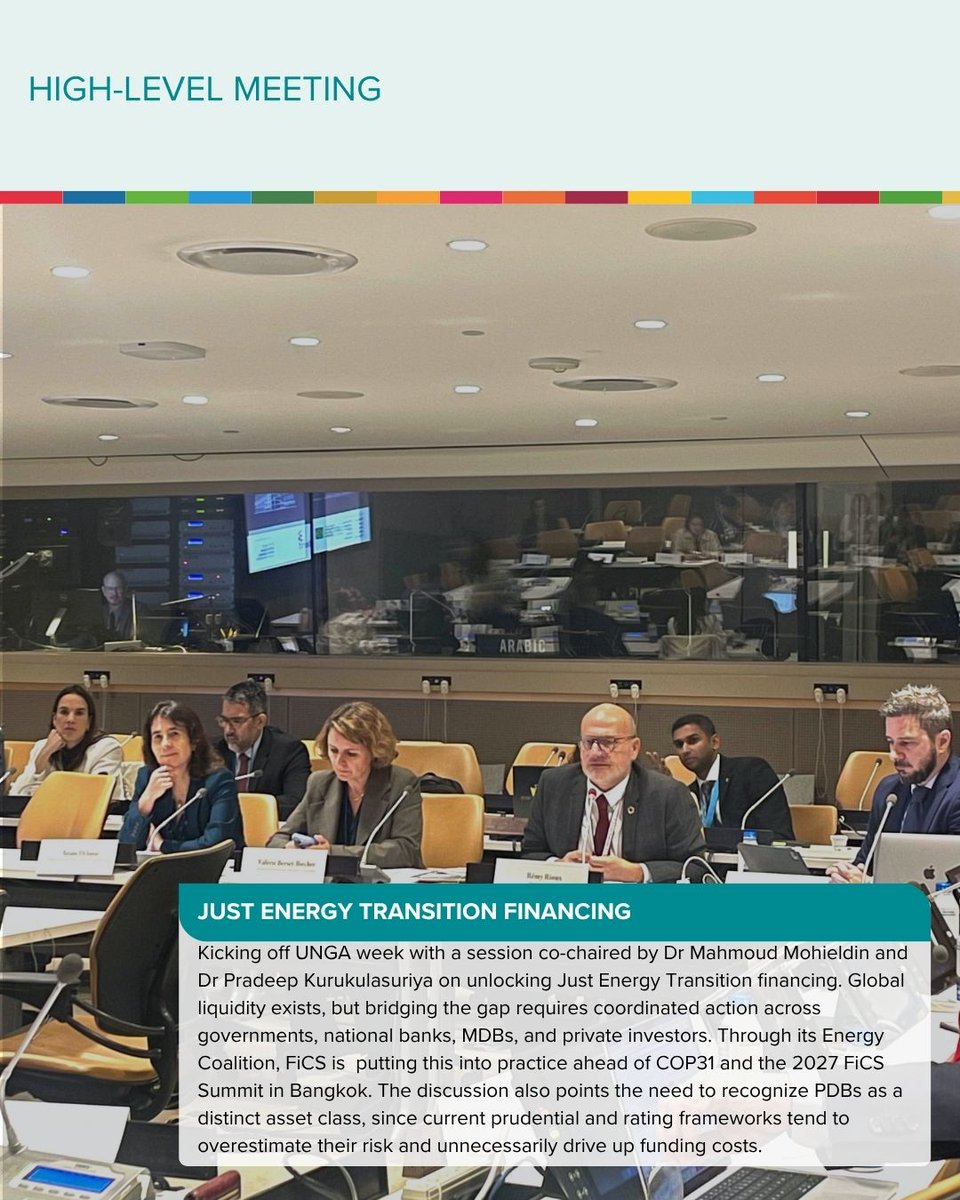 FinanceInCommon's tweet photo. During #UNGA81 and #NYCClimateWeek, FiCS Chairman @RiouxRemy  took part in a series of high-level events and bilateral meetings, engaging with UN institutions, governments, philanthropic organizations, and development finance institutions to advance the FiCS agenda and deepen cooperation around sustainable development and climate finance.
 
Across key high-level events, from Just Energy Transition financing with UN Capital Development Fund (@UNCDF ) to high-level climate finance dialogues on the road to @turkiyecop31, FiCS highlighted the role of Public Development Banks in turning country priorities into investment pipelines, mobilizing domestic and catalytic capital, and connecting public and private finance. 
 
Alongside these events, bilateral meetings provided an opportunity to translate discussions into concrete work programs:

- Innovative Capital & City Financing: Joining Prime Minister Tshering Tobgay of Bhutan to discuss the Gelephu Mindfulness City (GMC), with the FiCS Lab Incubator supporting the Bank of Bhutan and Bhutan Climate Fund in structuring a carbon-linked bond.
- Operational Inclusion & Blended Finance: Confirming a joint workplan with Pradeep Kurukulasuriya (@UNCDF) to expand PDB-originated blended finance.
- COP Priorities & Country Platforms: Aligning with Marcos Neto (@UNDP ) to mobilize National Development Banks toward UNFCCC COP priorities, including COP31, and country platforms leveraging the Global Financing Playbook.
- UN System Anchoring: Strategic exchanges with Navid Hanif (@UNDESA ) to strengthen the interface between Public Development Banks and the United Nations system.
- Philanthropic Synergies: Exploring joint initiatives with Brian San (Institute of Philantropy) and Kalpana Kochhar (@gatesfoundation) to scale investments in health, education, and climate-resilient agriculture via the Agri-PDB platform.
 
The Path to Bangkok 2027 📍
 
These outcomes directly set the stage for the Finance in Common Summit 2027 (31 March – 2 April 2027) at @UNESCAP  in Bangkok. Co-hosted with the @ADB_HQ (ADB), our first summit in Asia will anchor Asia-Pacific priorities and UN multilateral alignment at the core of the international development finance agenda.

#FiCS #UNGA81 #NYCClimateWeek #COP31 #PublicDevelopmentBanks #SustainableFinance #BlendedFinance #SDGs