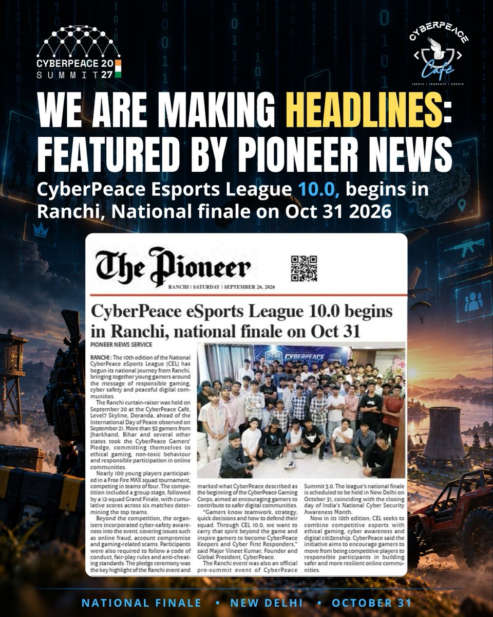 cyberpeacecafe's tweet photo. NATIONAL #CYBERPEACE ESPORTS LEAGUE 10.0 IS MAKING HEADLINES.

What started as a mission to promote responsible gaming, cyber #awareness, and #safer digital communities is now receiving attention beyond the gaming community.

#pioneernews #cyberpeacecafe https://t.co/JvN1x7ugkR