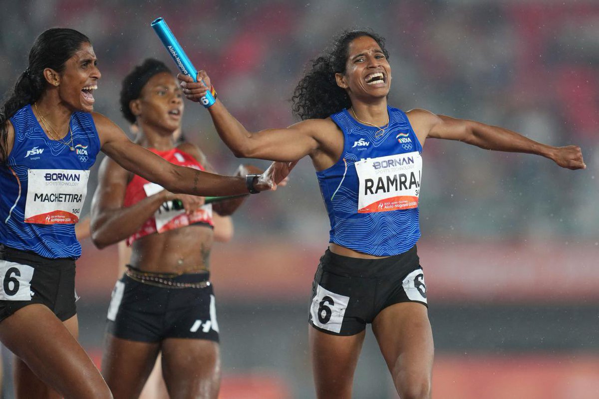 annamalai_k's tweet photo. Heartiest congratulations to our phenomenal women's 4x400m relay team, Vithya Ramraj avl, Kiran Pahal avl, Machettira Poovamma avl, and Prachi avl, for their breathtaking performance and clinching the Gold medal at the Asian Games.

Special pride for TN as our very own Vithya Ramraj avl shines brightly on the international stage yet again, displaying incredible grit, speed, and determination.

Their stellar achievement has made the entire nation proud and will inspire millions of youngsters.