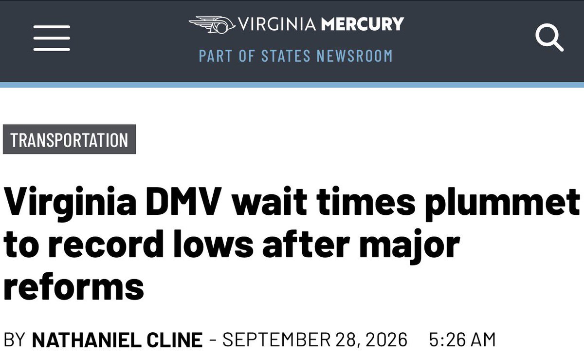 CDHMartinez's tweet photo. Record-low DMV waits didn’t fall out of the sky.

@GlennYoungkin cut them from 37 minutes to 5.9 while volume stayed the same.

Virginia Mercury wrote 495 words and never said his name or the fact that @SpanbergerForVA fired the commissioner who actually did it. https://t.co/jVTXkYrkWL