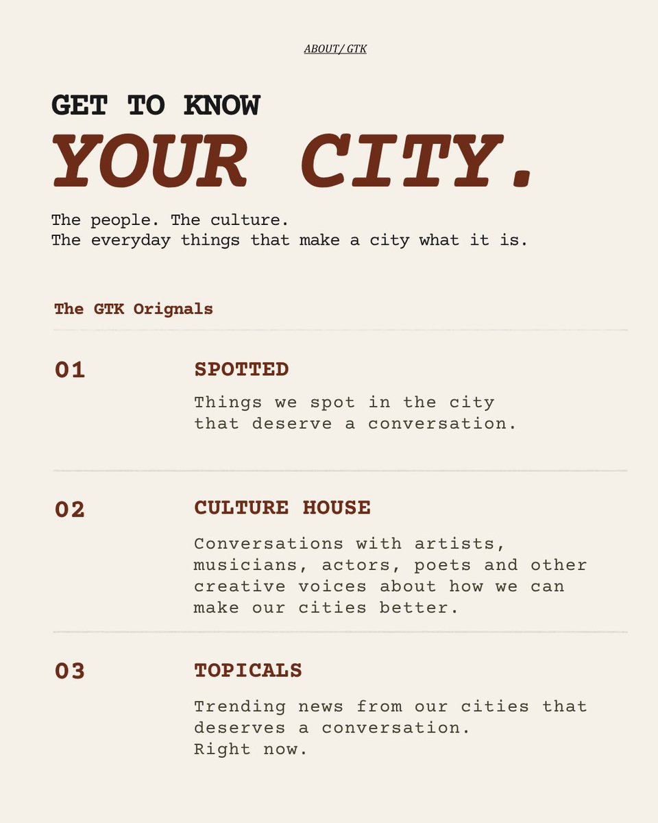 ThisisGTK's tweet photo. Cities are shaped by what we notice, what we question, and what we choose to care about.

Presenting GTK Originals: GTK is here to get to know the people, culture and stories that make our cities what they are.

Because better starts with us.

Get to know. Follow for more.

https://t.co/zaFaRSFGpg