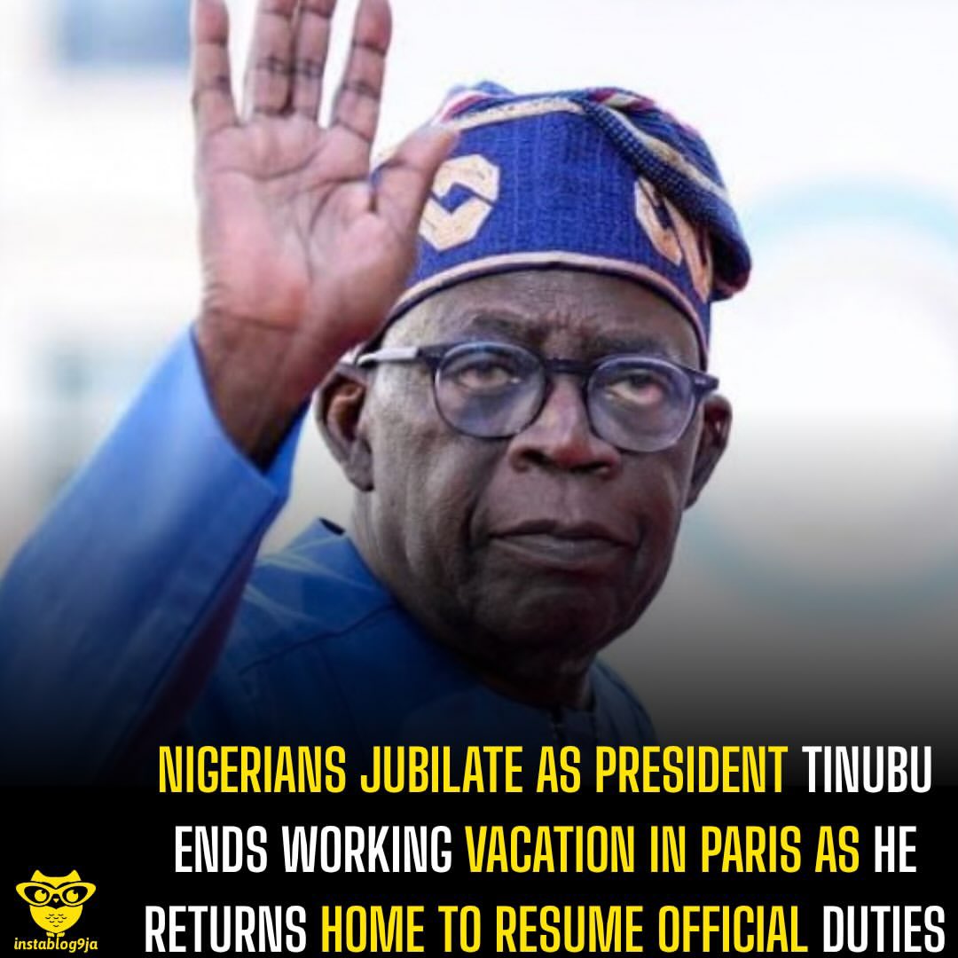 instablog9ja's tweet photo. Nigerians Jubilate as President Tinubu Ends Working Vacation in Paris as He Returns Home to Resume Official Duties https://t.co/b09pdAOkZk