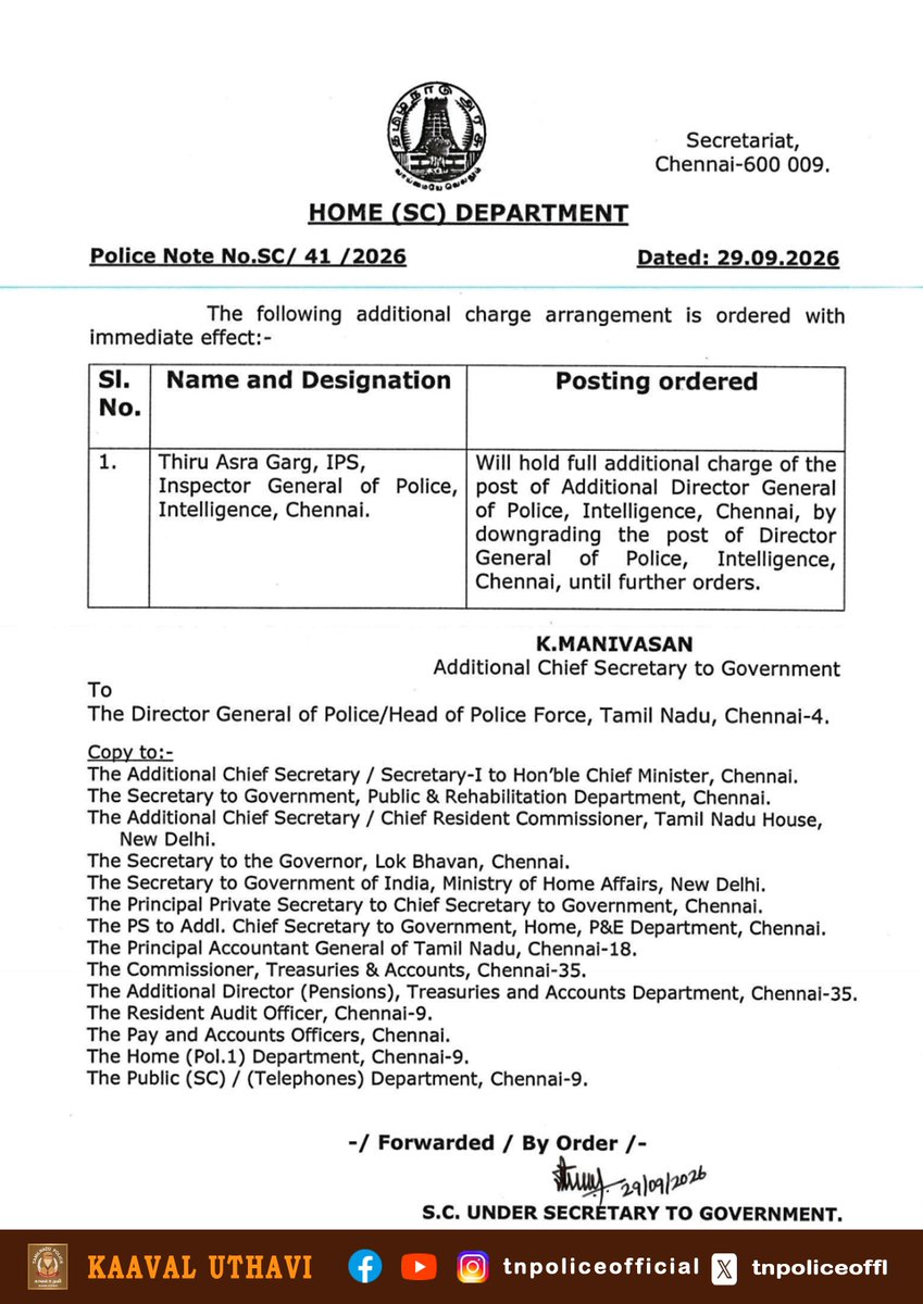 tnpoliceoffl's tweet photo. IPS Officer Posting Order