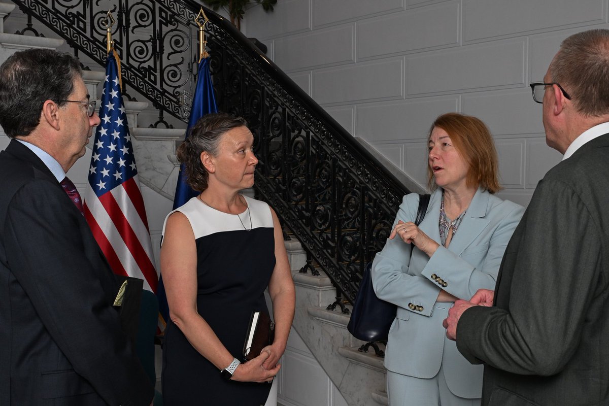 USAmbEU's tweet photo. Great discussion today with some of Brussels' leading economic, foreign-policy and transatlantic thinkers. America is committed to a Europe that's strong, sovereign, and capable of standing with us on innovation, spurring investment, and security. Exchanges like this are exactly how we build the secure, prosperous future our citizens on both sides of the Atlantic deserve. Thank you @gmfus, @GLOBSEC, @ACEurope, @CEPS_thinktank, @FSI_Europe, and CERRE.