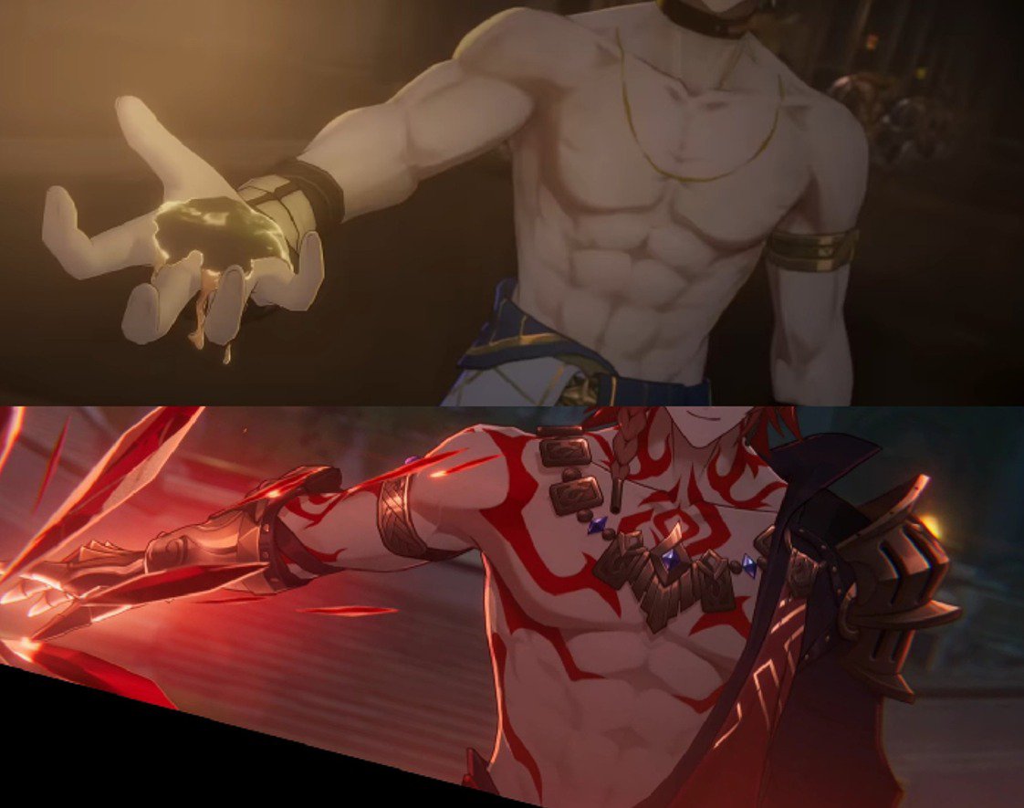 phainigma's tweet photo. just a reminder that phaidei isn't some pretty top/buff bottom yaoi they're both buff with same body type and both can be considered pretty (?) (phainon described as ikemen in nylon collab and mydei as top 10 most beautiful faces of amphoreus) https://t.co/VzHJK2W7sG