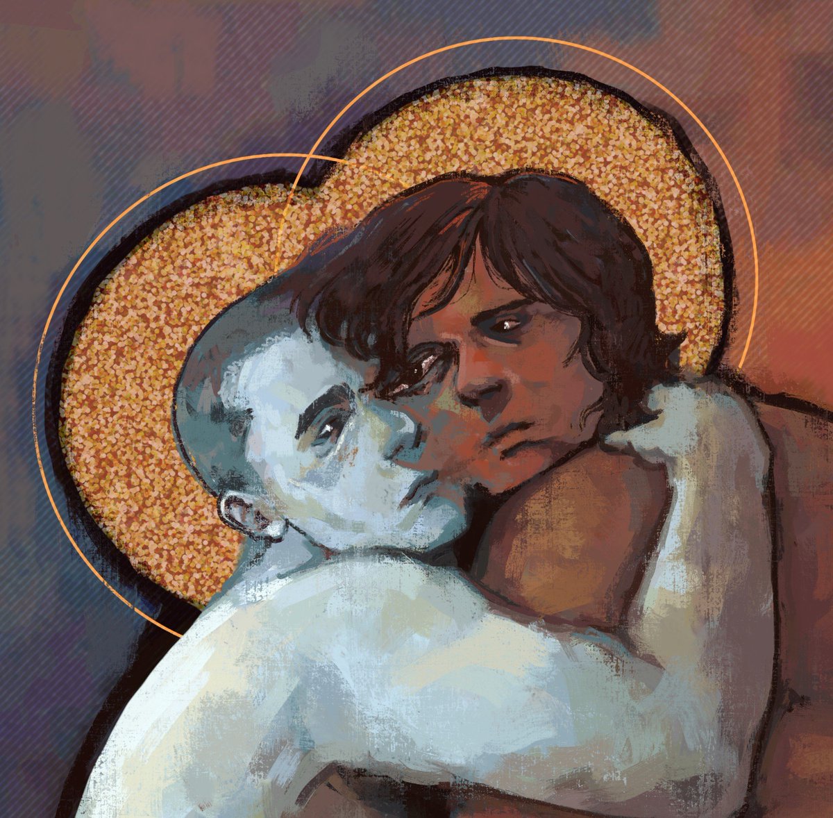 etrnlsolitude's tweet photo. how lucky we are to need each other in this way//you melt me
---
HUMAN PALEGUN!!! inspired by Carlos Blanco Artero "Hug" and Judas's kiss
+fooled around with some effects
i missed drawing dramatic stuff from Misha's (humantruder's) perspective ◉⁠‿⁠◉
#noimnotahuman #palegun https://t.co/pPCzGbik8D