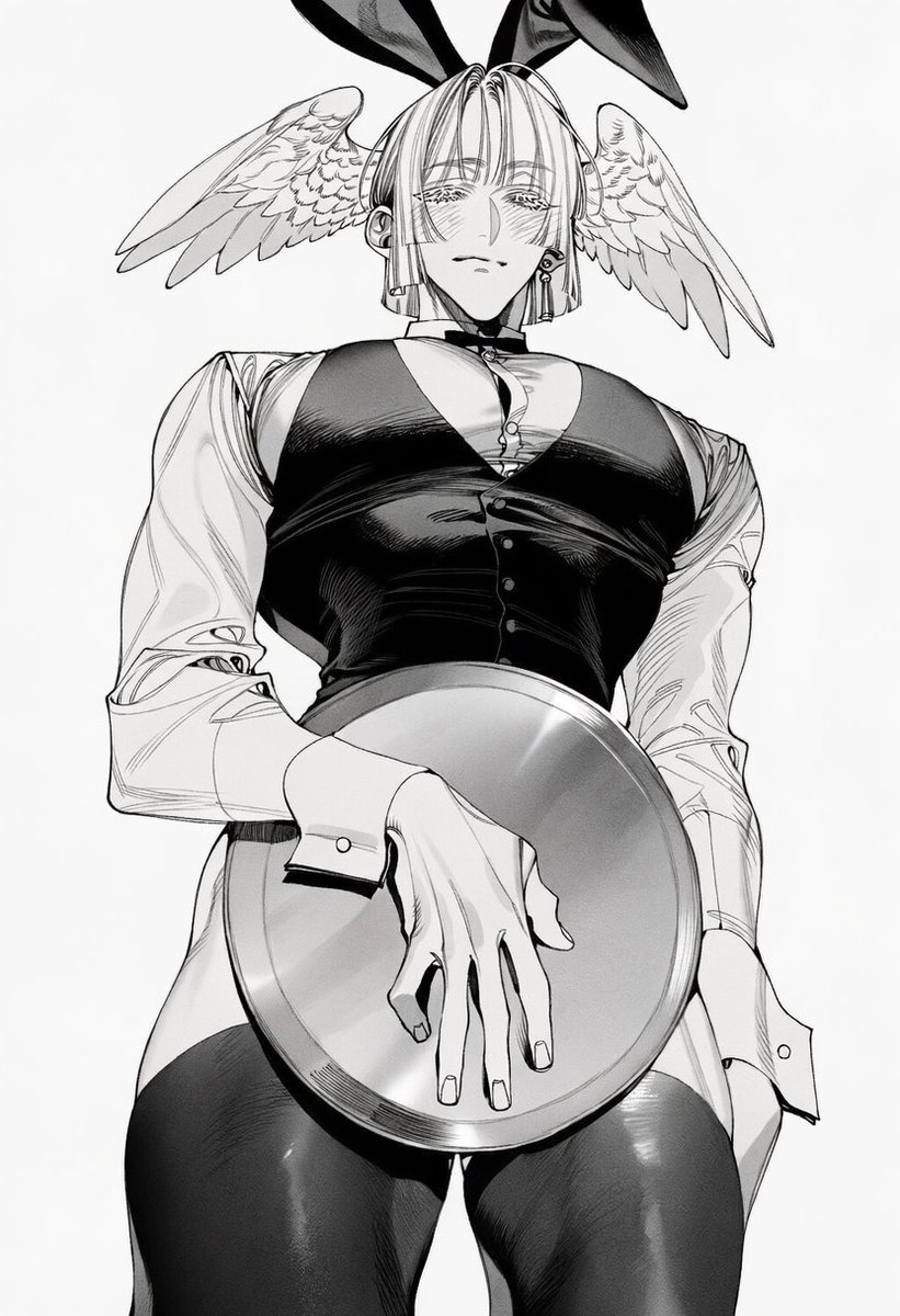 Un_jin_OAOa's tweet photo. 바니 웨이터 Prompt

bunny waiter outfit, tall black rabbit ears, white shirt collar, small black bow tie, fitted black vest, white wrist cuffs, black thigh-high stockings,  standing with a startled embarrassed expression, flushed cheeks, slightly tense posture,  holding a large round silver serving tray firmly with one hand, fingers visibly gripping the edge of the tray, arm lowered naturally in front of the body,  serving tray held vertically directly in front of the pelvis, completely covering the crotch and groin area from the camera, tray clearly supported by the character's hand,  other hand resting awkwardly near the hip,  long rabbit ears rising above the head, one ear slightly bent,  slightly low angle view, three quarter body composition, character filling most of the frame, tray and gripping hand clearly visible,  simple pale background,  playful embarrassing bunny waiter situation, cheeky comedic atmosphere,