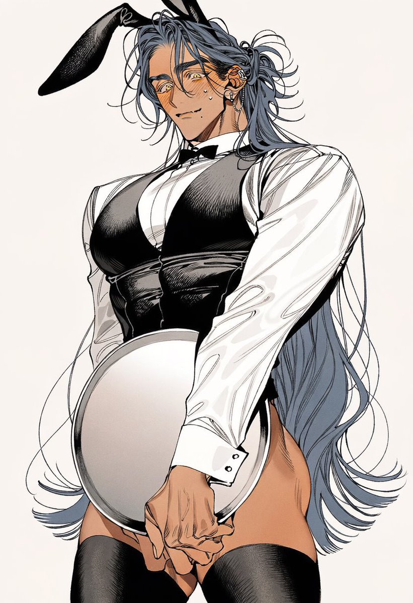 Un_jin_OAOa's tweet photo. 바니 웨이터 Prompt

bunny waiter outfit, tall black rabbit ears, white shirt collar, small black bow tie, fitted black vest, white wrist cuffs, black thigh-high stockings,  standing with a startled embarrassed expression, flushed cheeks, slightly tense posture,  holding a large round silver serving tray firmly with one hand, fingers visibly gripping the edge of the tray, arm lowered naturally in front of the body,  serving tray held vertically directly in front of the pelvis, completely covering the crotch and groin area from the camera, tray clearly supported by the character's hand,  other hand resting awkwardly near the hip,  long rabbit ears rising above the head, one ear slightly bent,  slightly low angle view, three quarter body composition, character filling most of the frame, tray and gripping hand clearly visible,  simple pale background,  playful embarrassing bunny waiter situation, cheeky comedic atmosphere,